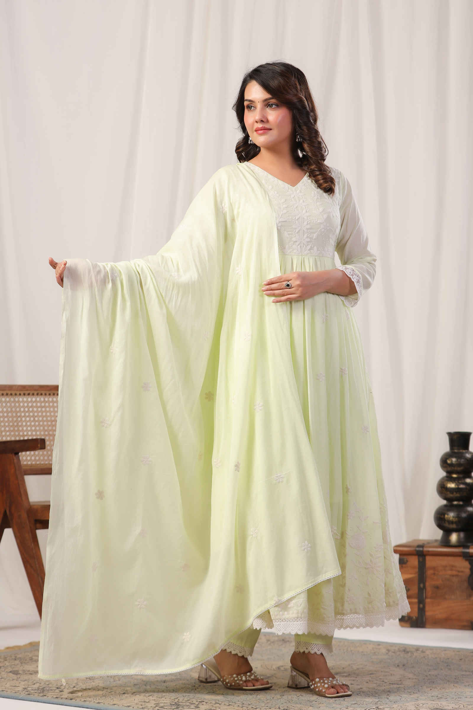 Mehtabi Sana Pistachio Green Anarkali Kurta Pant and Dupatta Set