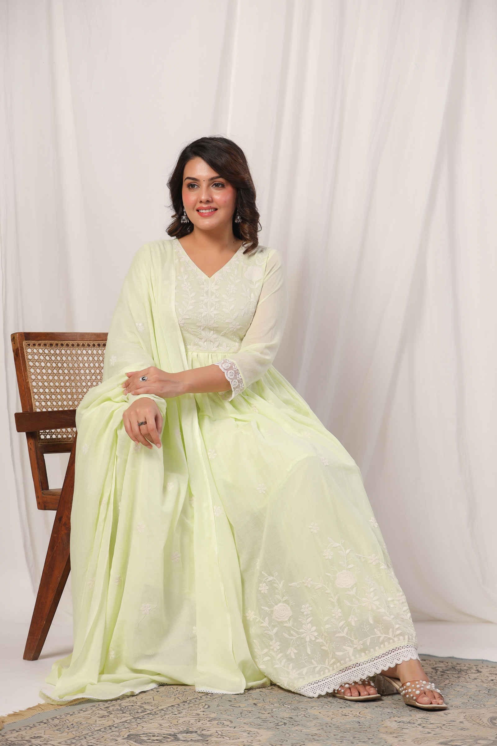 Mehtabi Sana Pistachio Green Anarkali Kurta Pant and Dupatta Set