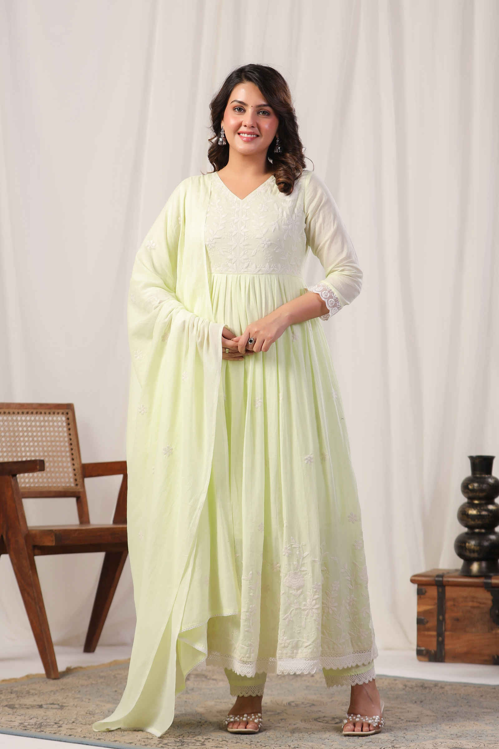 Mehtabi Sana Pistachio Green Anarkali Kurta Pant and Dupatta Set