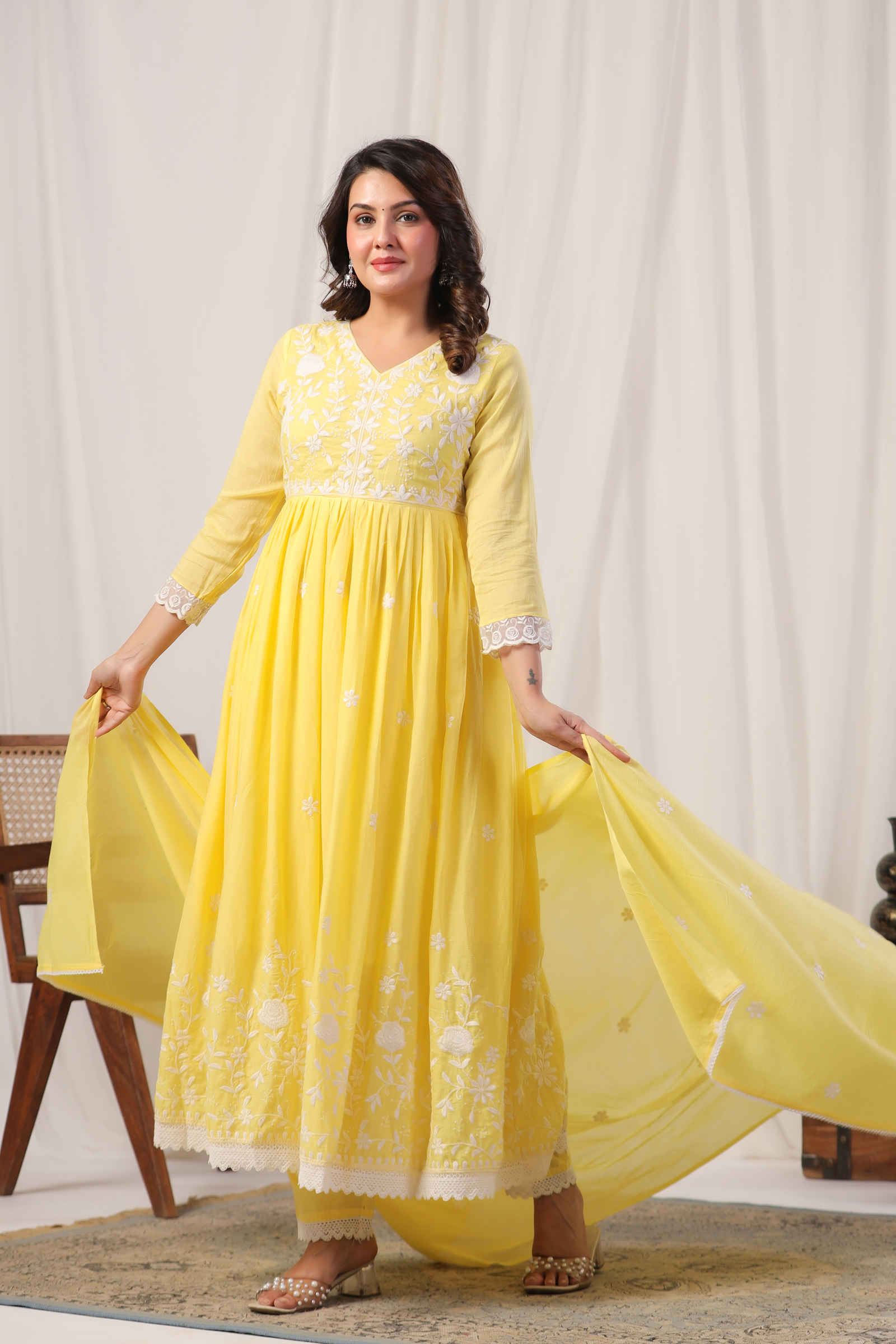 Mehtabi Sohana Buttercup Yellow Anarkali Kurta Pant and Dupatta Set