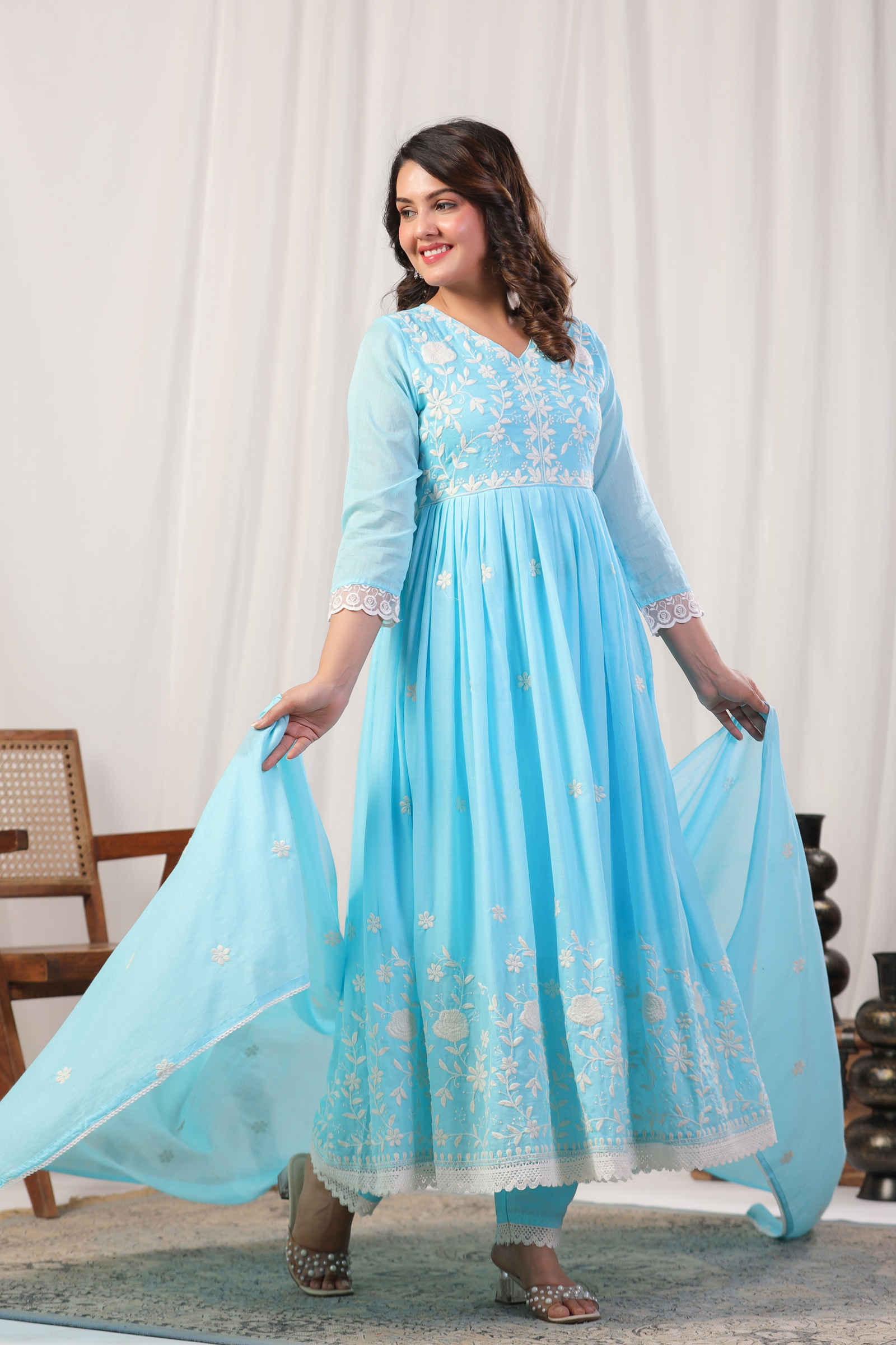 Mehtabi Zimal Azure Blue Anarkali Kurta Pant and Dupatta Set