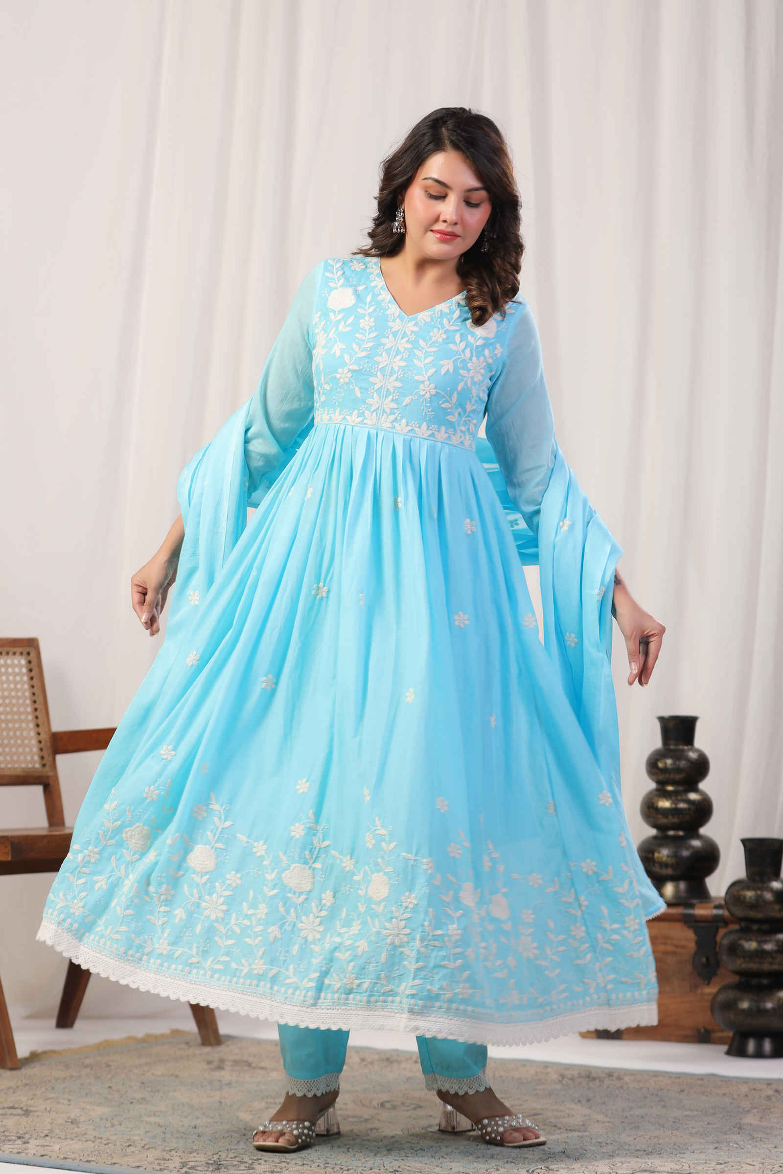 Mehtabi Zimal Azure Blue Anarkali Kurta Pant and Dupatta Set