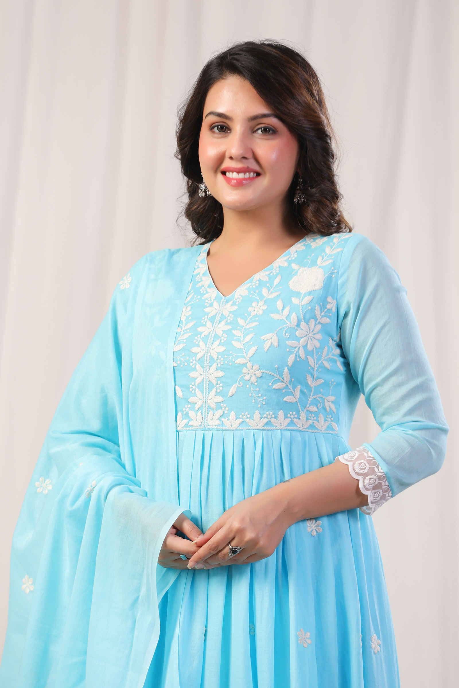 Mehtabi Zimal Azure Blue Anarkali Kurta Pant and Dupatta Set