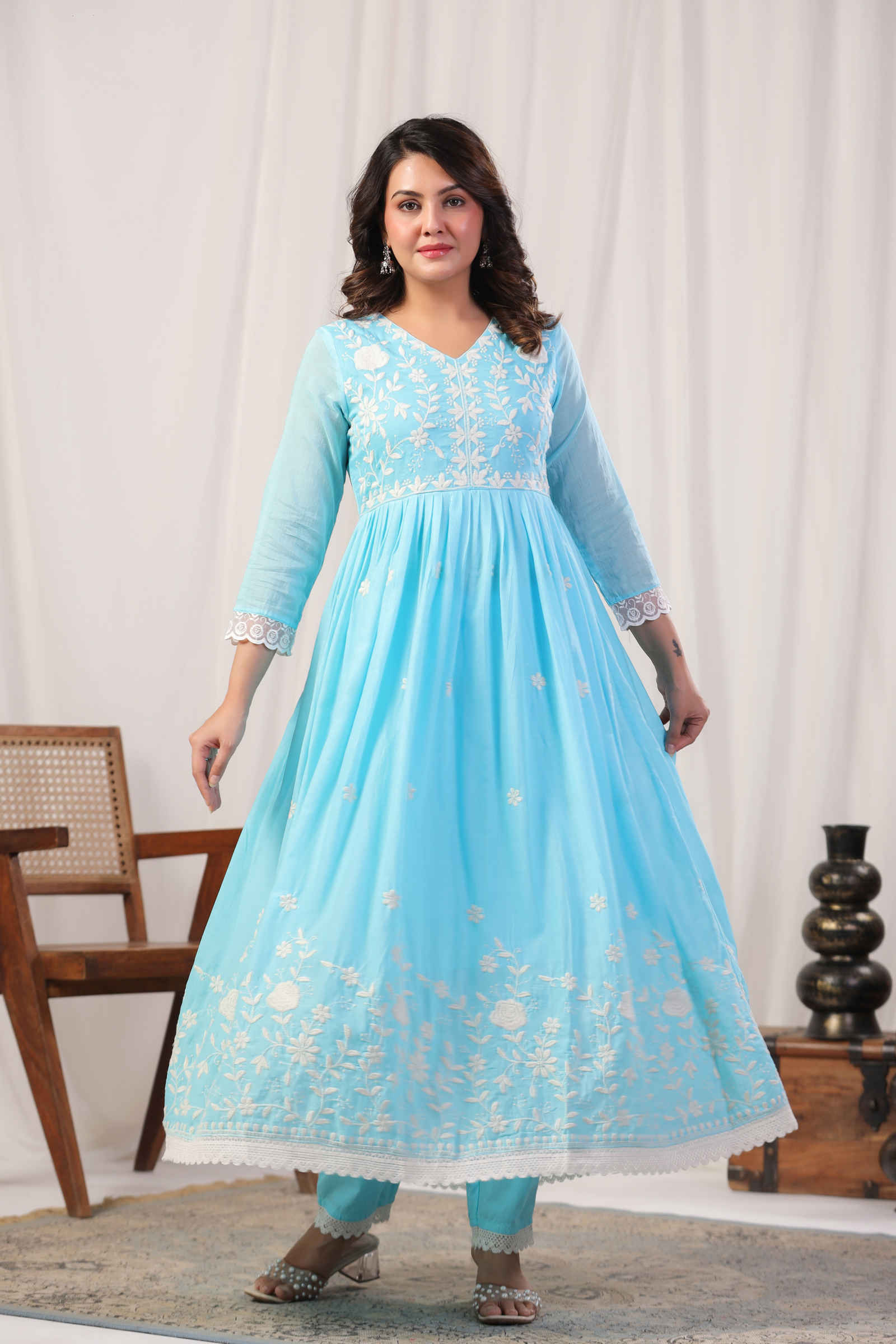 Mehtabi Zimal Azure Blue Anarkali Kurta Pant and Dupatta Set