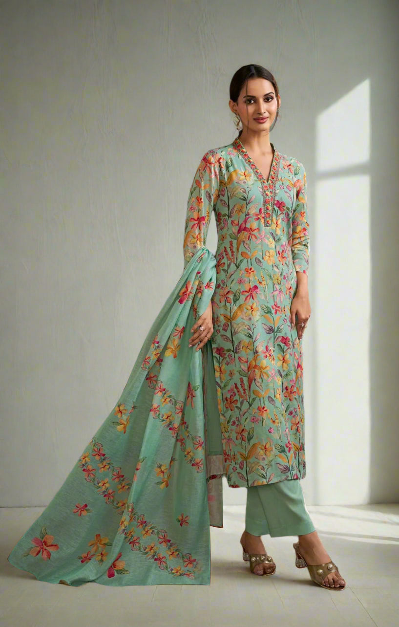 Nayab Meher Mint Floral Kurta Pant and Dupatta Set