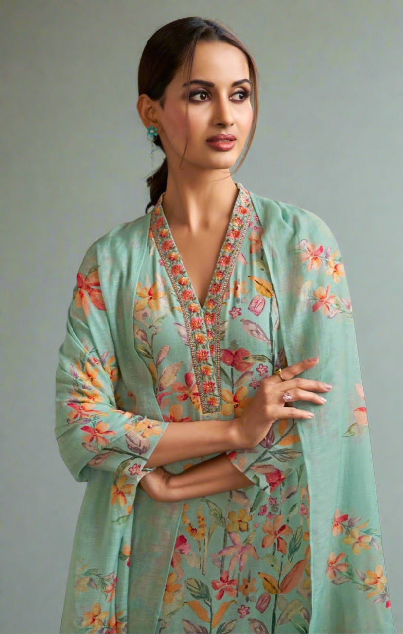 Nayab Meher Mint Floral Kurta Pant and Dupatta Set