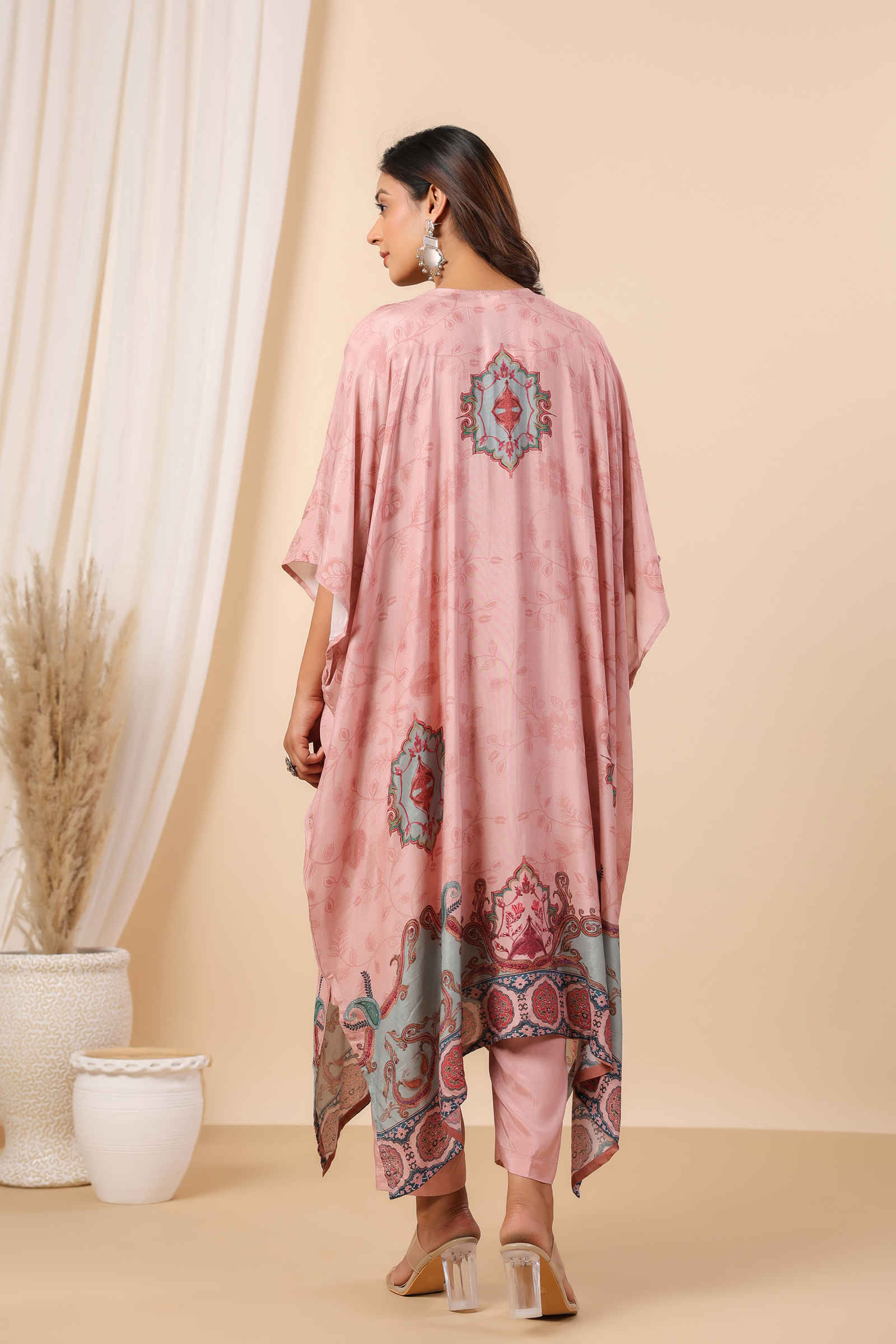 Noori Hana Peach Blossom Kaftan Inner and Pant Set- Set Of Three