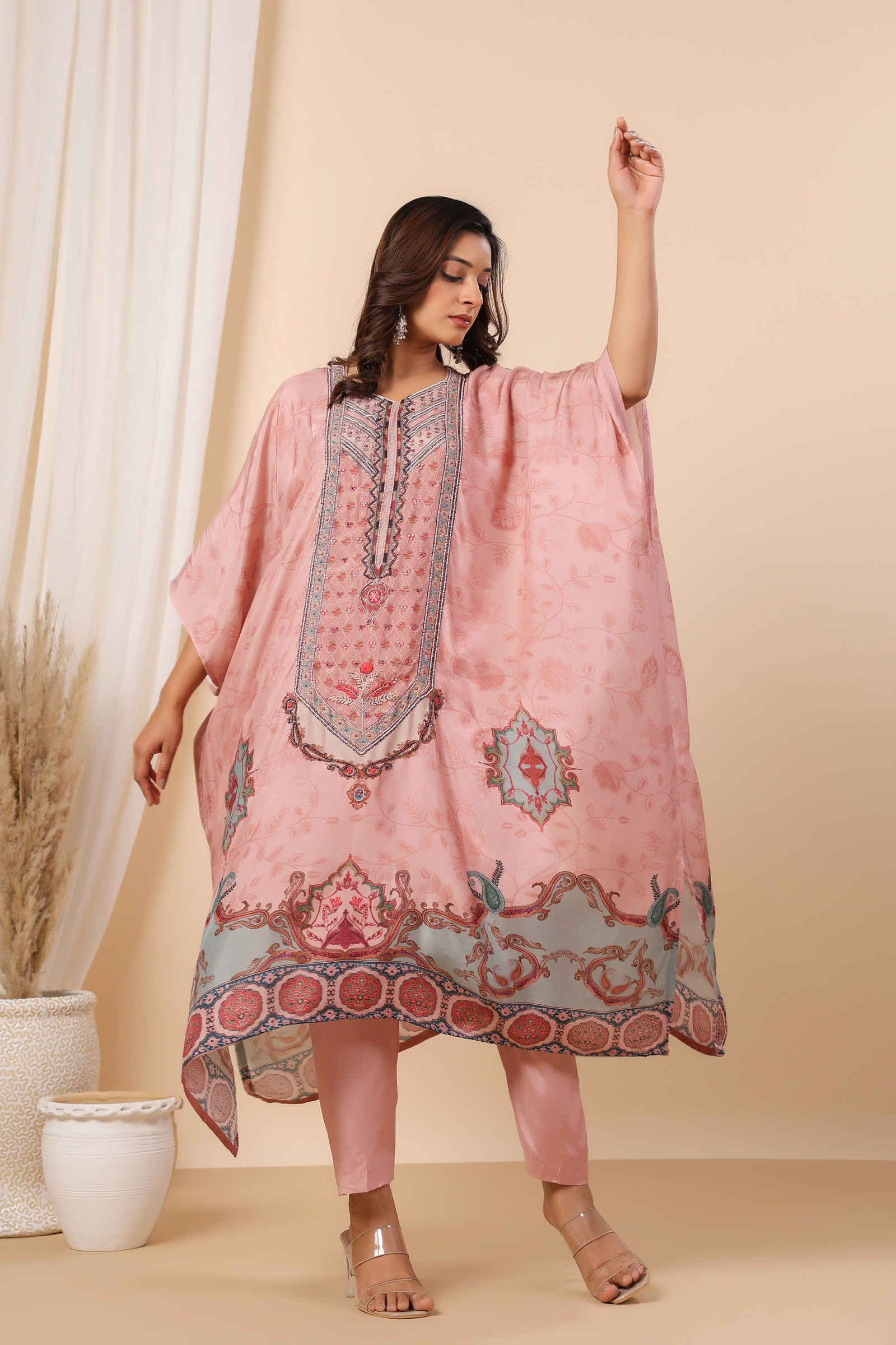 Noori Hana Peach Blossom Kaftan Inner and Pant Set- Set Of Three