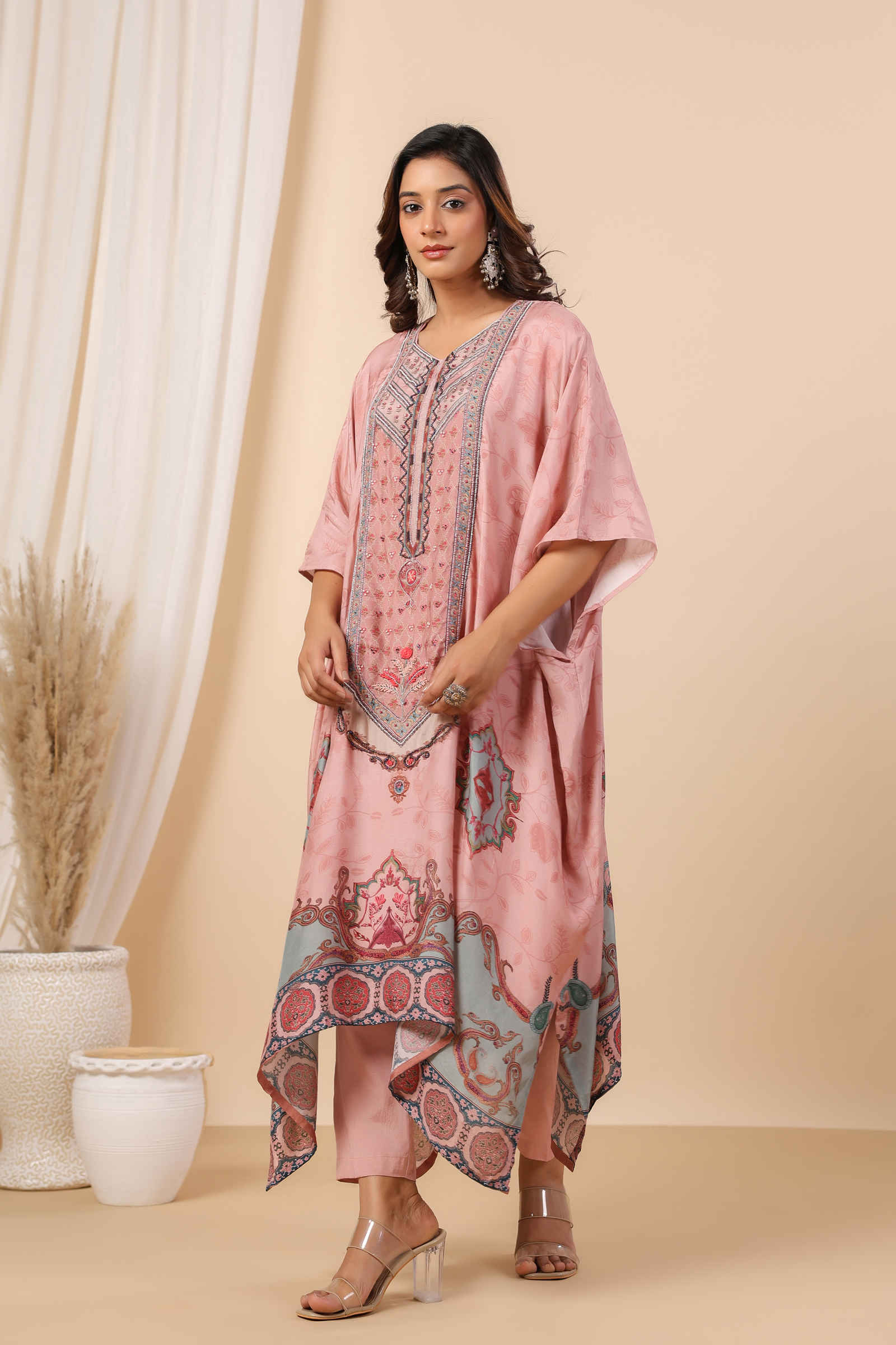 Noori Hana Peach Blossom Kaftan Inner and Pant Set- Set Of Three