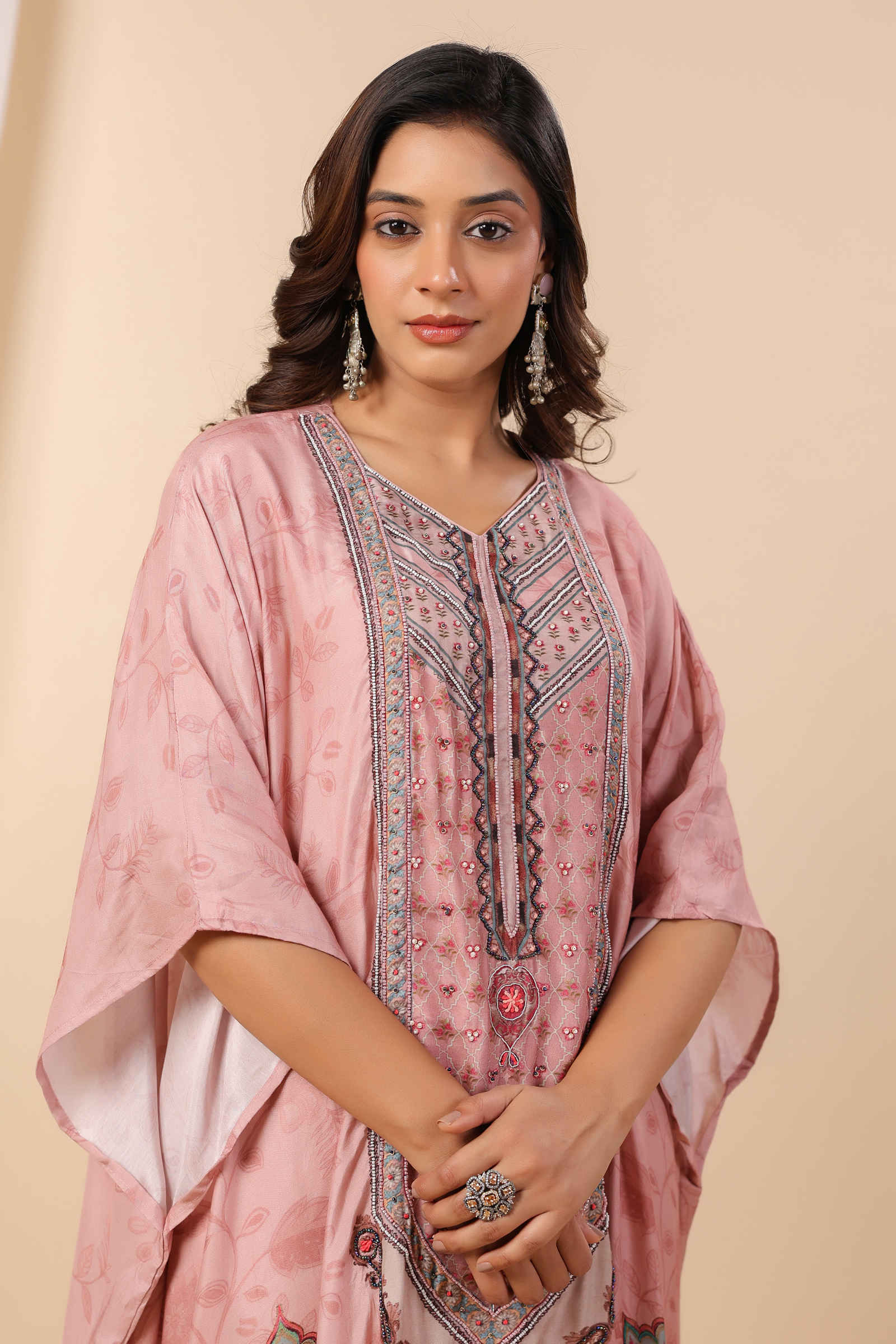 Noori Hana Peach Blossom Kaftan Inner and Pant Set- Set Of Three