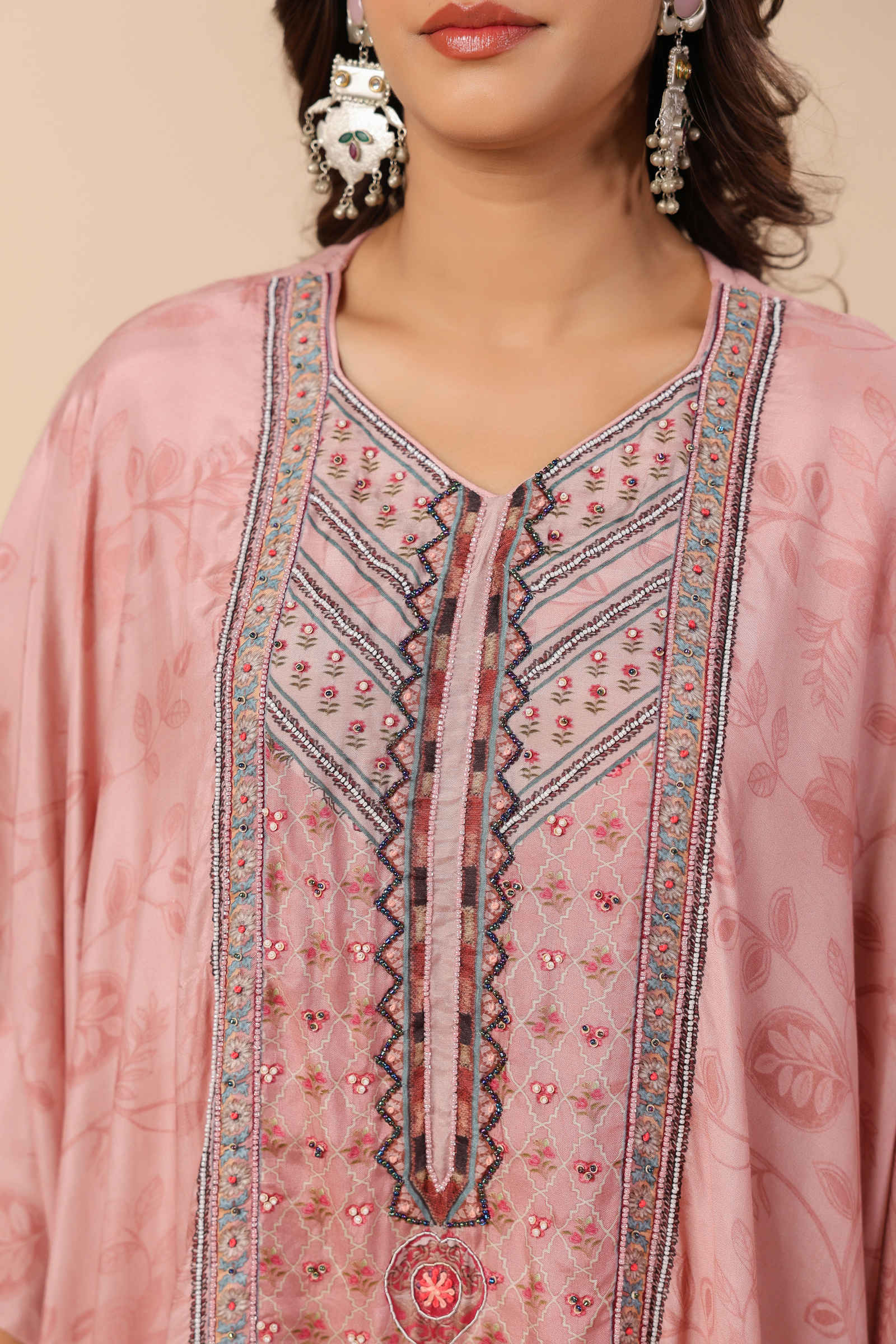 Noori Hana Peach Blossom Kaftan Inner and Pant Set- Set Of Three