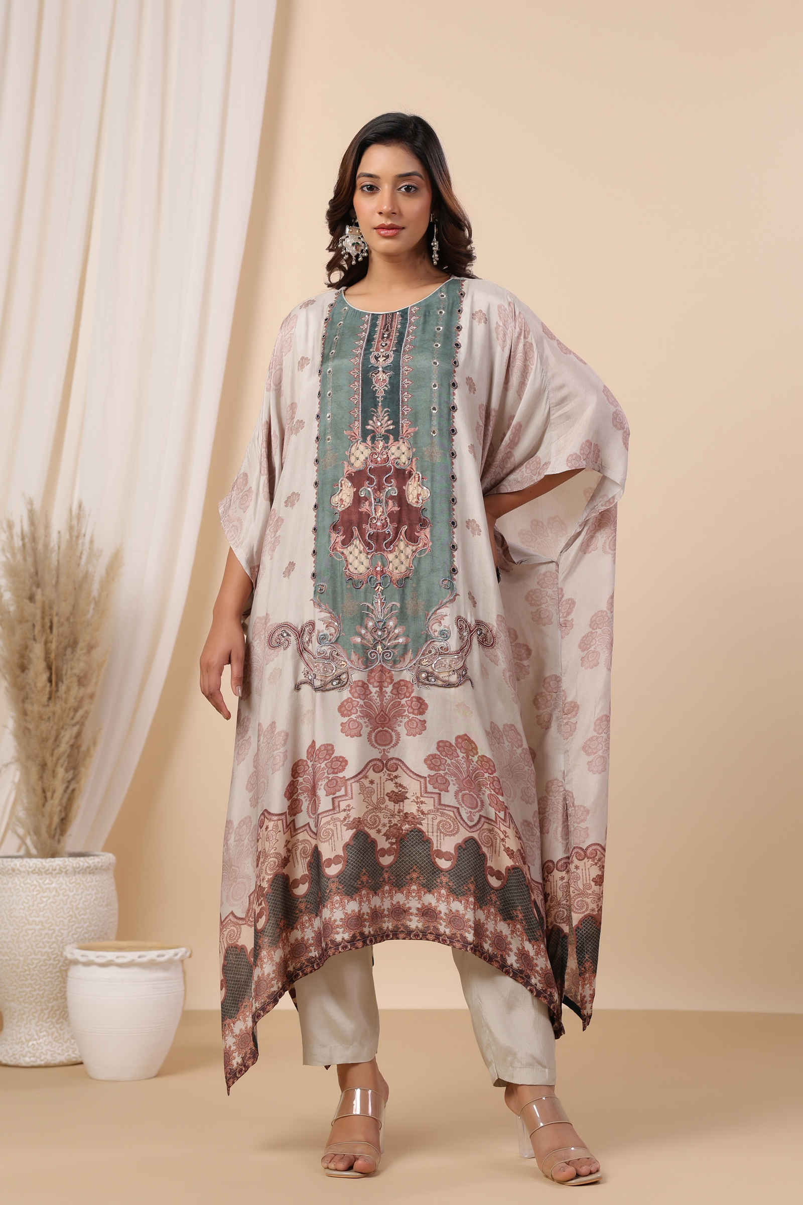 Noori Safa Taupe Green Kaftan Inner and Pant Set - Set Of Three