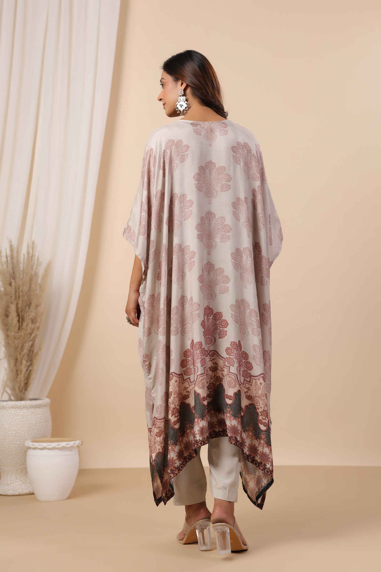 Noori Safa Taupe Green Kaftan Inner and Pant Set - Set Of Three