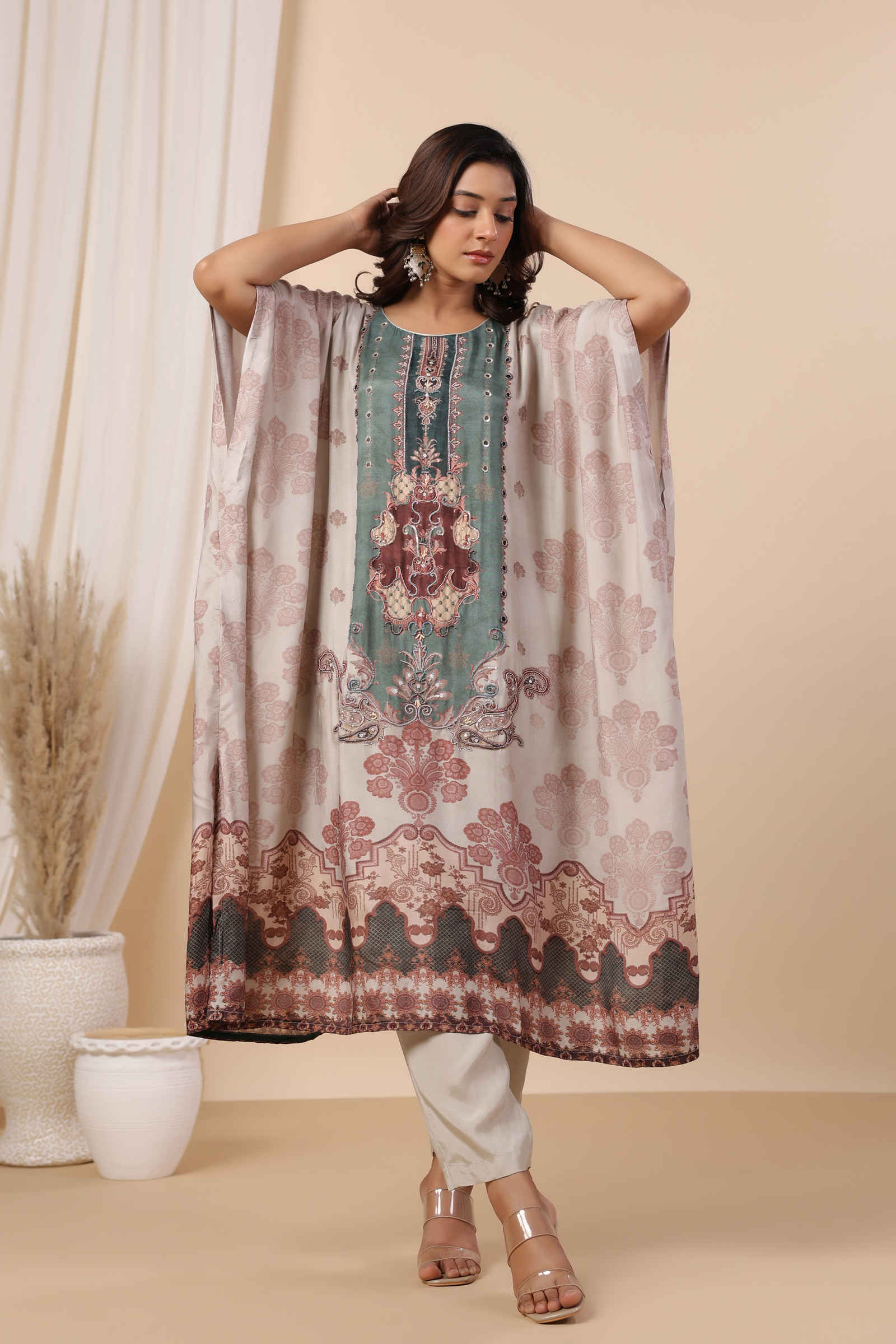 Noori Safa Taupe Green Kaftan Inner and Pant Set - Set Of Three