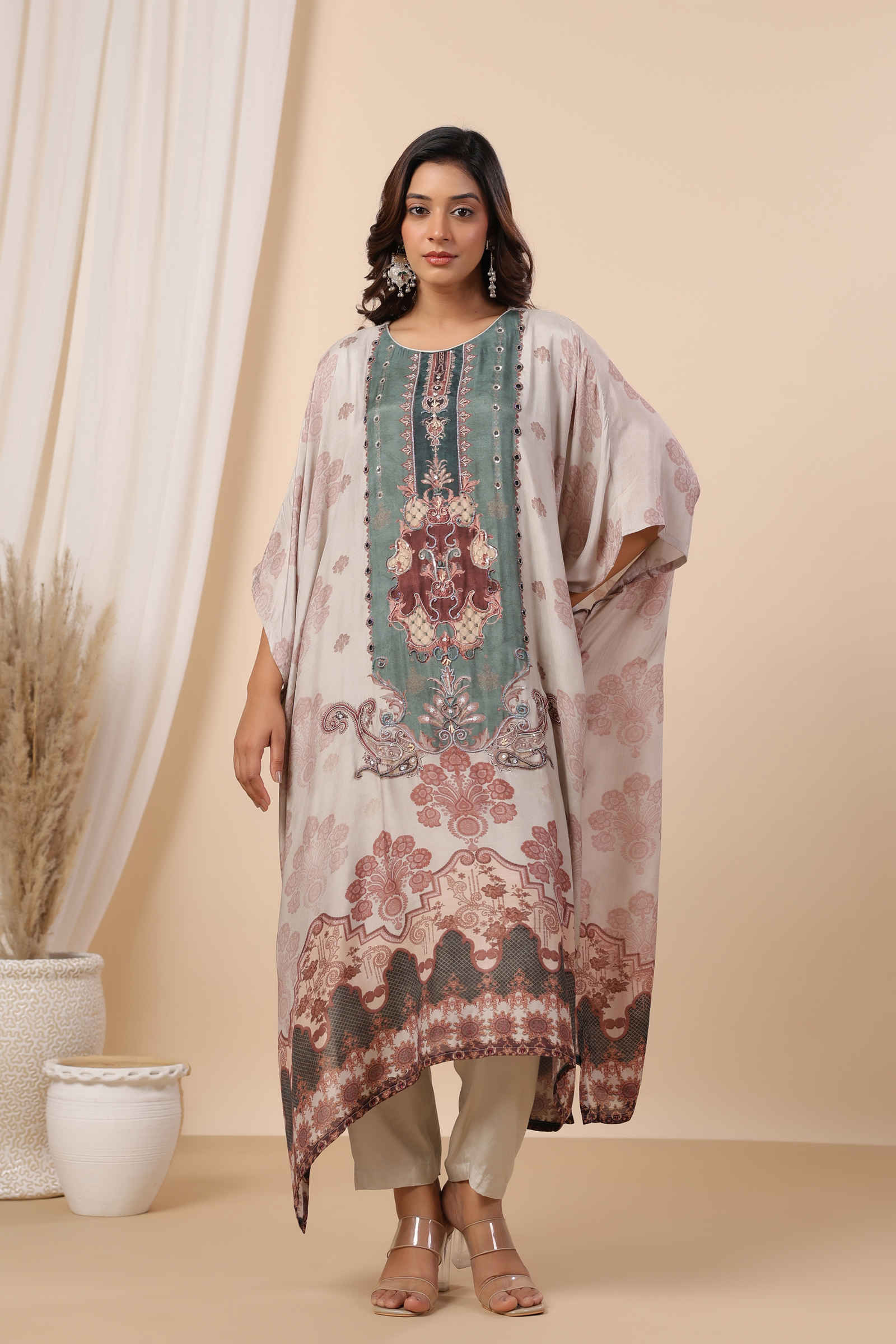 Noori Safa Taupe Green Kaftan Inner and Pant Set - Set Of Three