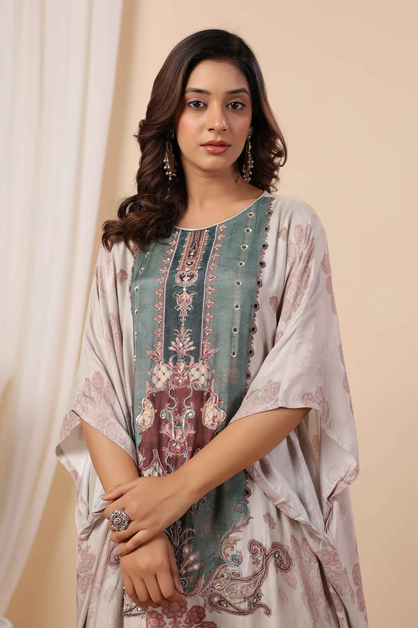 Noori Safa Taupe Green Kaftan Inner and Pant Set - Set Of Three