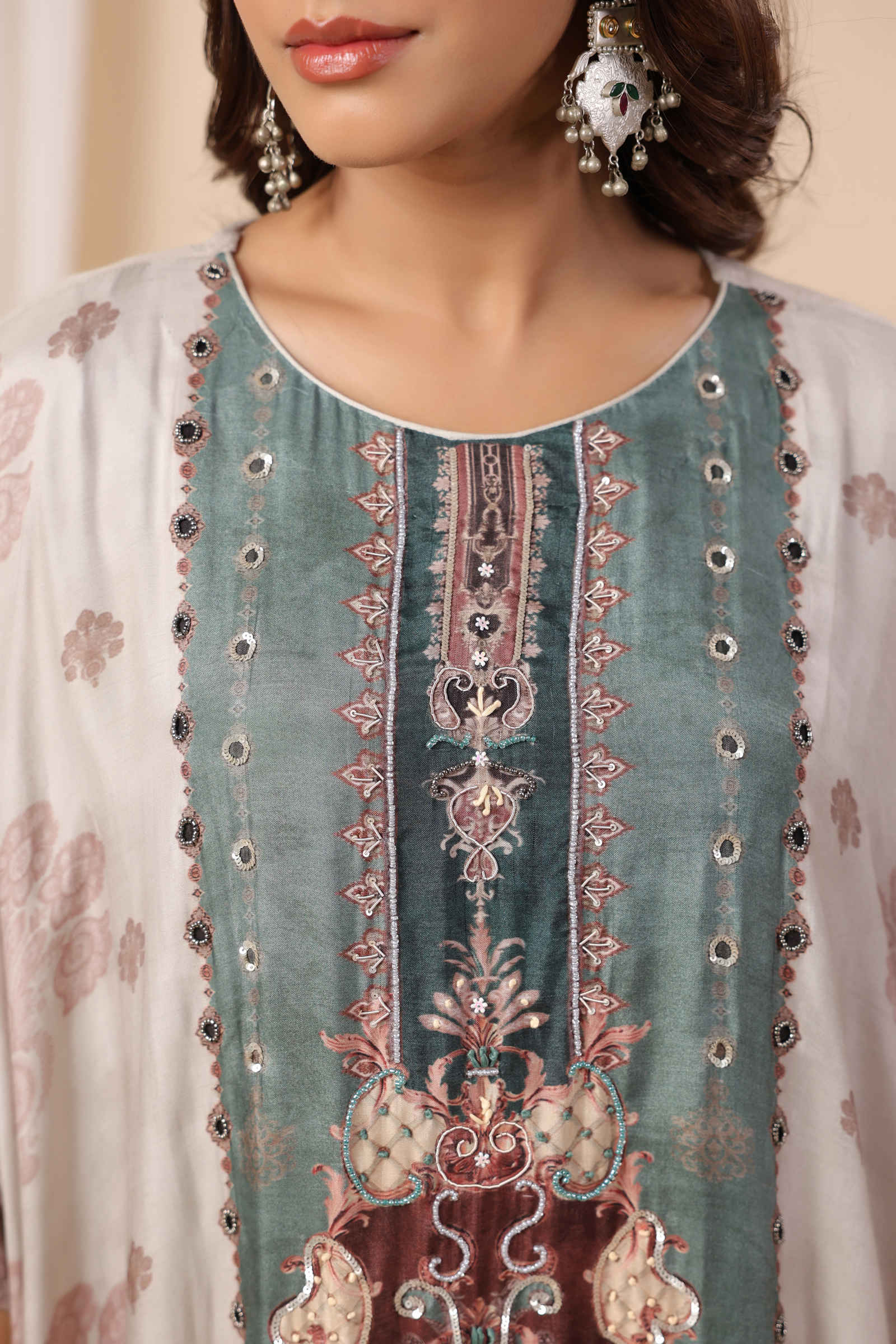 Noori Safa Taupe Green Kaftan Inner and Pant Set - Set Of Three