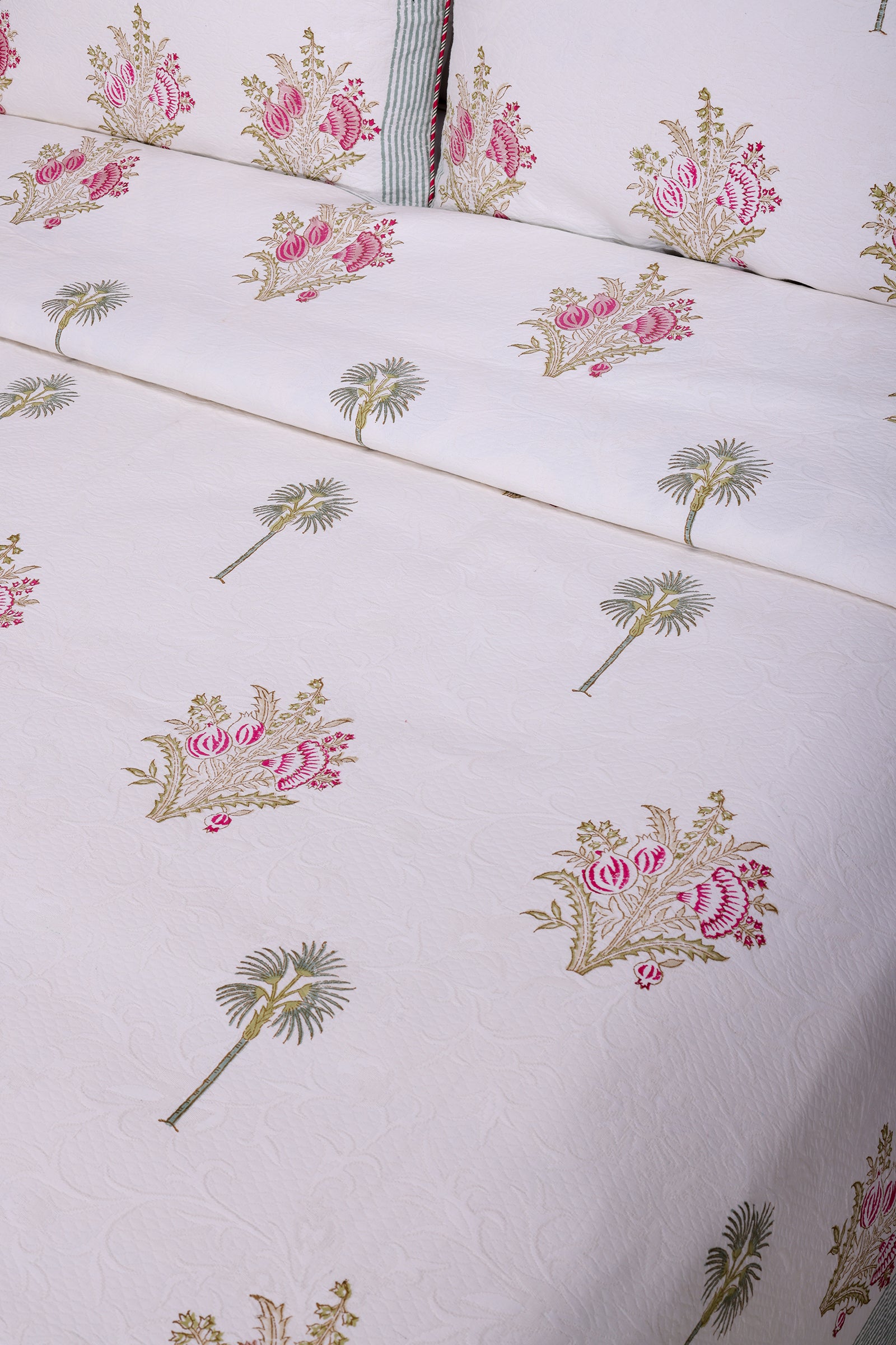 Palm Rose Assort Block Printed Pink Jacquard Bedcover - shahenazindia