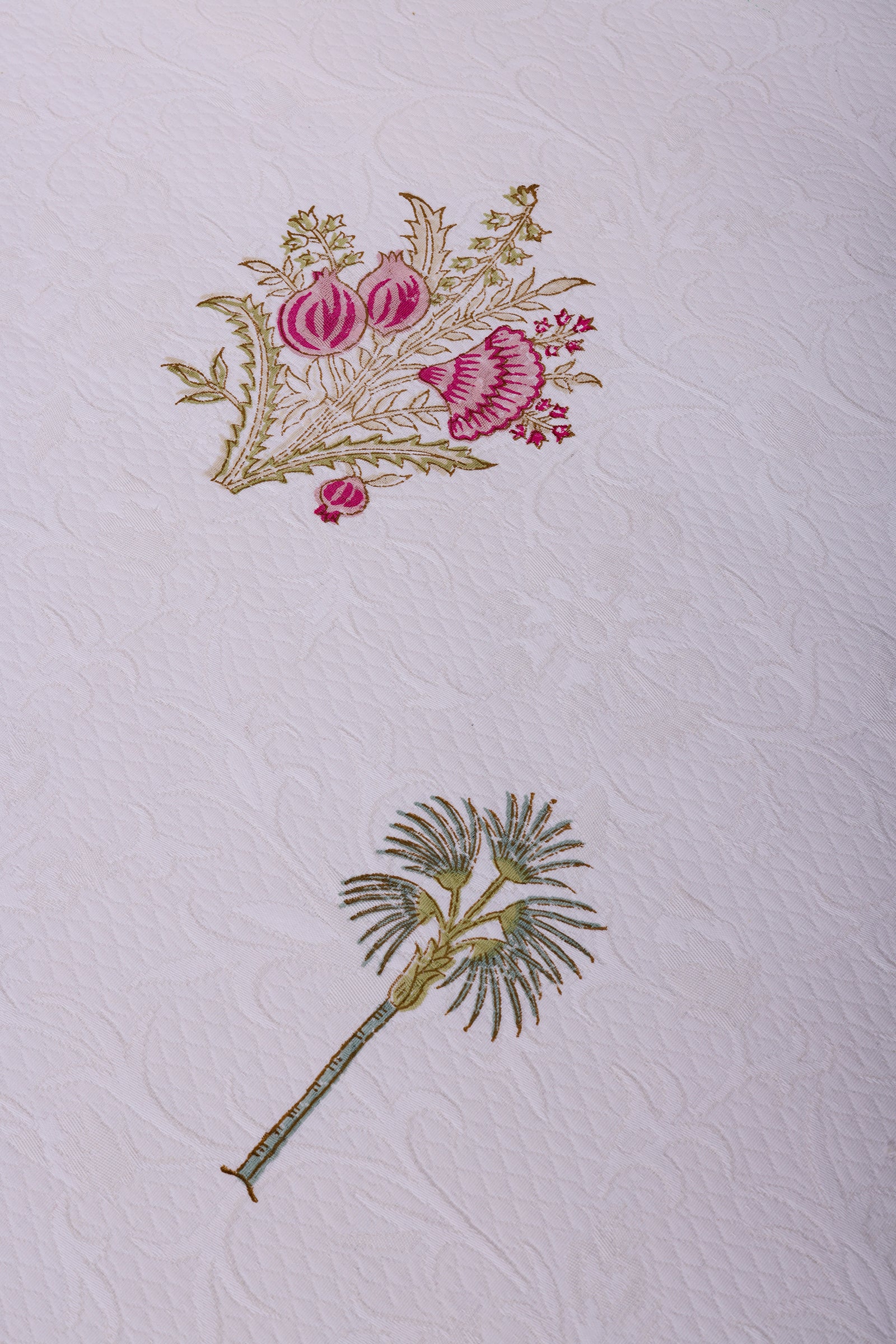 Palm Rose Assort Block Printed Pink Jacquard Bedcover - shahenazindia