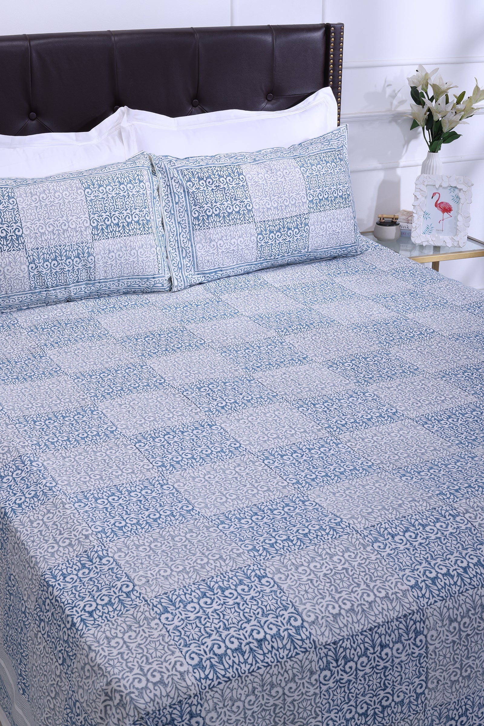 Parvati Patch Blue Cotton Percale Bedsheet - shahenazindia