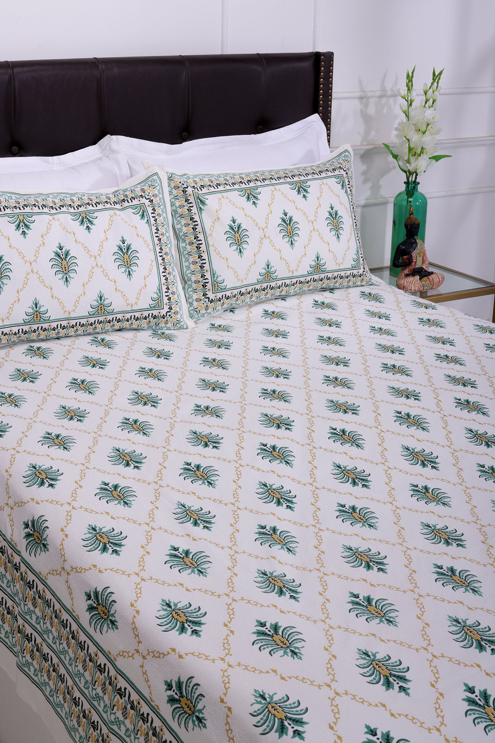 Pineapple Jaal Green Cotton Bedsheet - shahenazindia