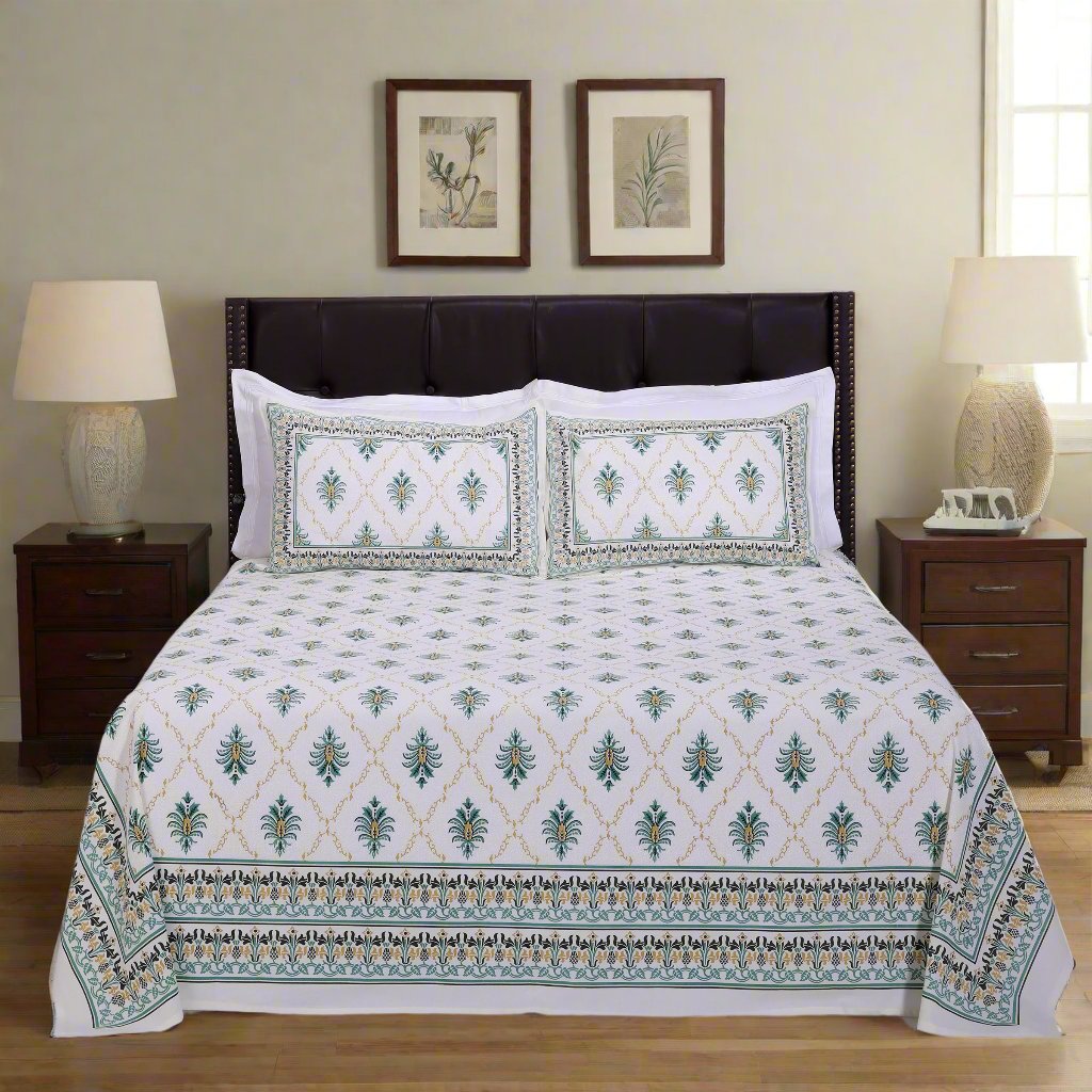 Pineapple Jaal Green Cotton Bedsheet - shahenazindia