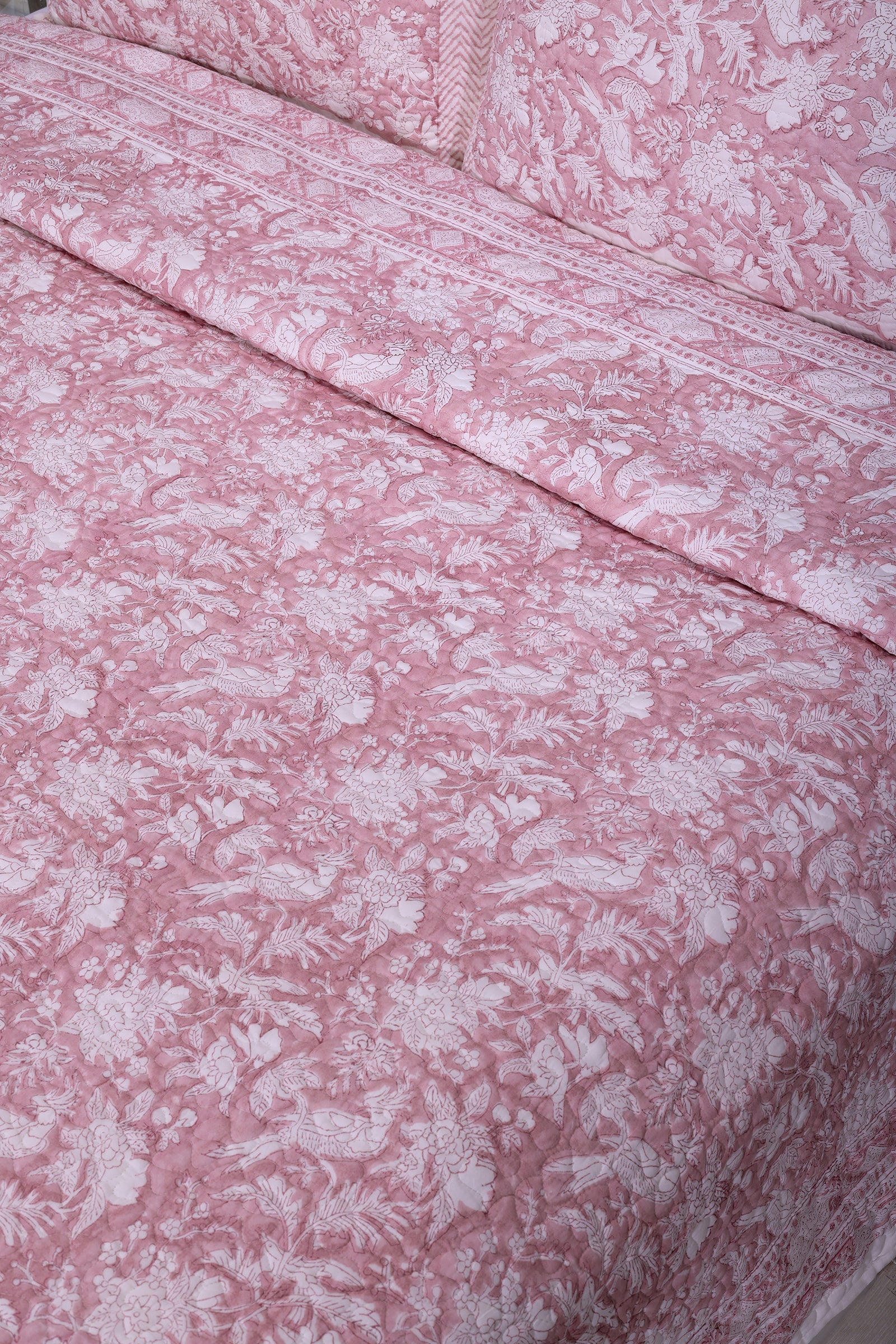 Poonam Bagh Block Printed Cotton Quilted Pink Bedcover - shahenazindia