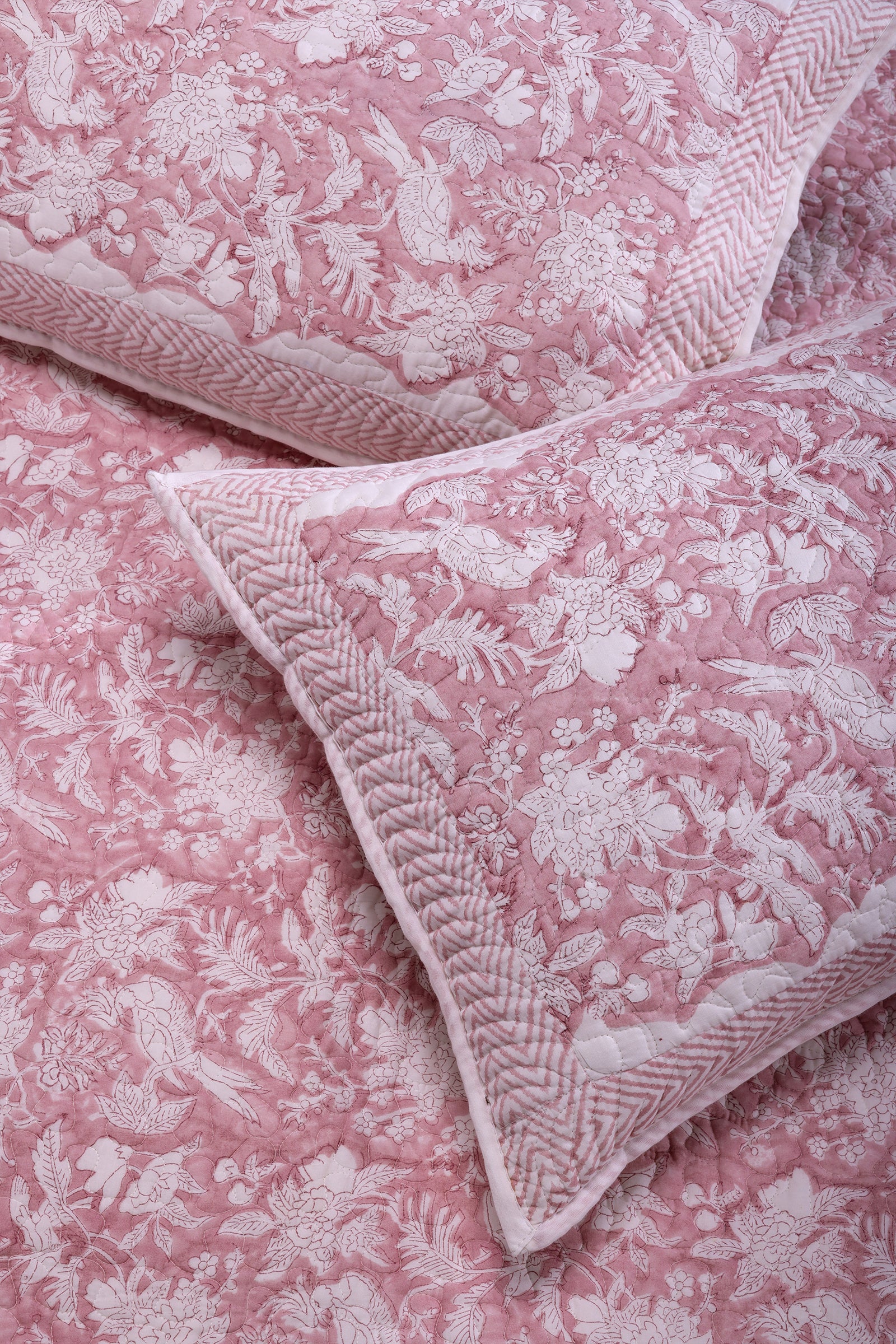Poonam Bagh Block Printed Cotton Quilted Pink Bedcover - shahenazindia