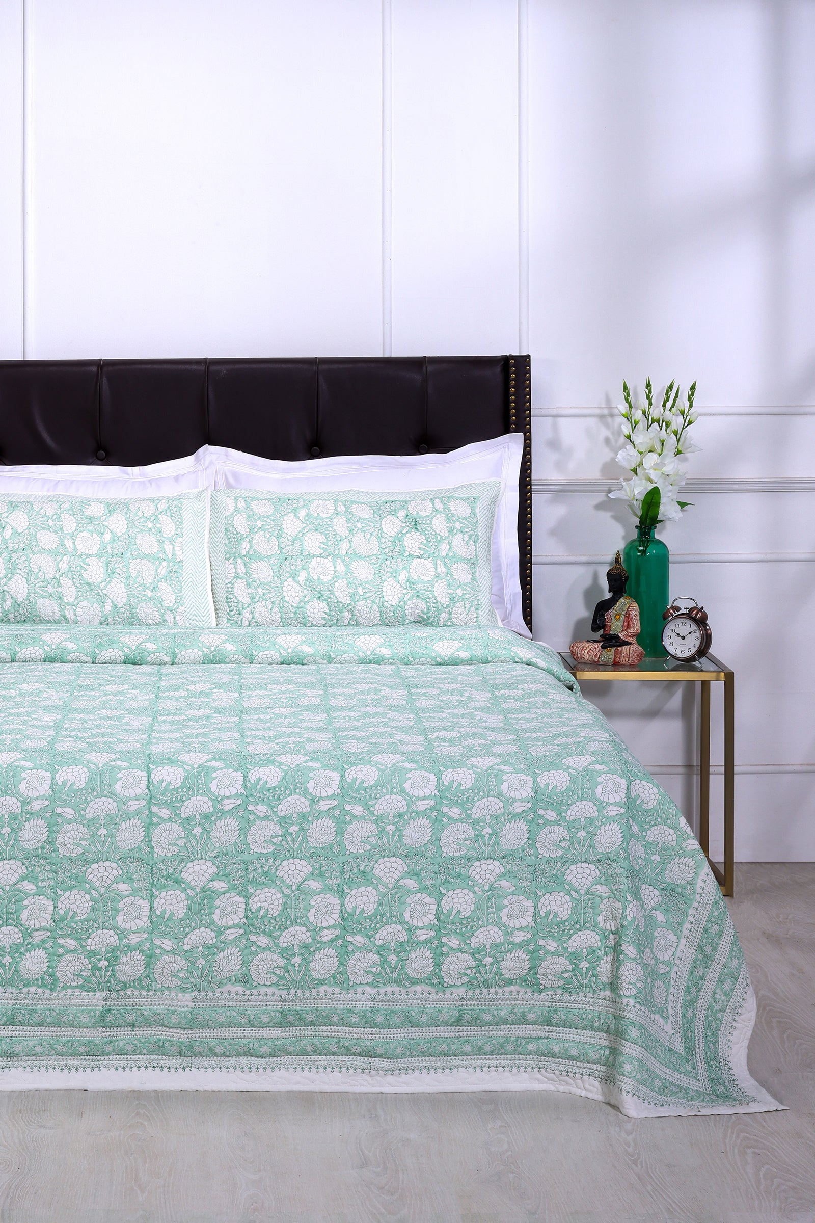 Poonam Bagh Block Printed Cotton Quilted Turquoise Bedcover - shahenazindia