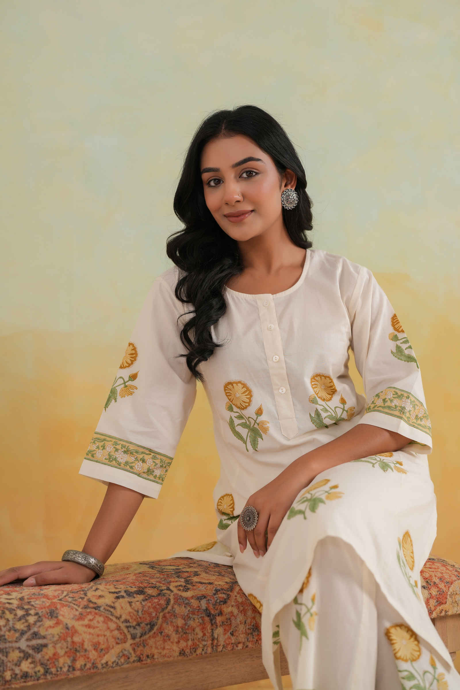 Qasr Mahjabeen Sunbloom Ivory Kurta and Pant Set