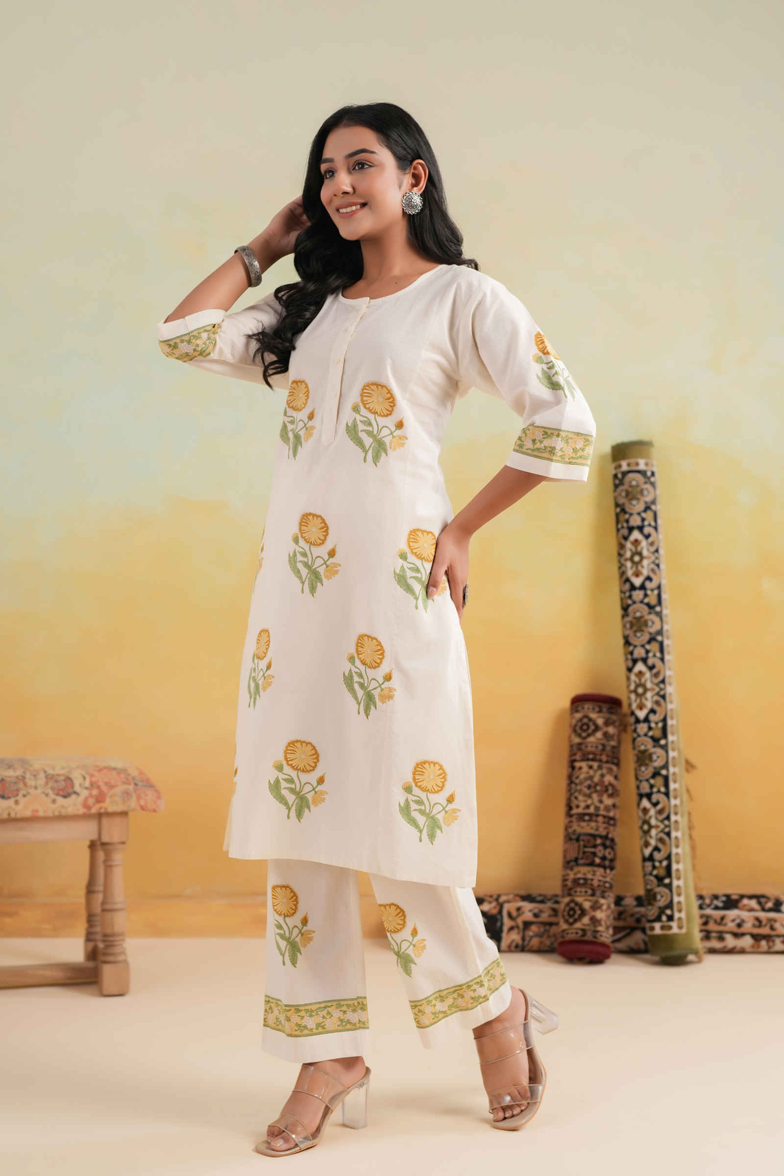 Qasr Mahjabeen Sunbloom Ivory Kurta and Pant Set