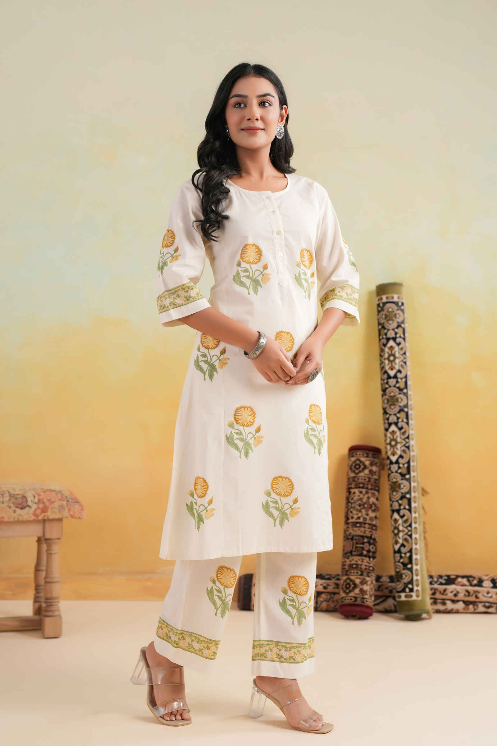 Qasr Mahjabeen Sunbloom Ivory Kurta and Pant Set