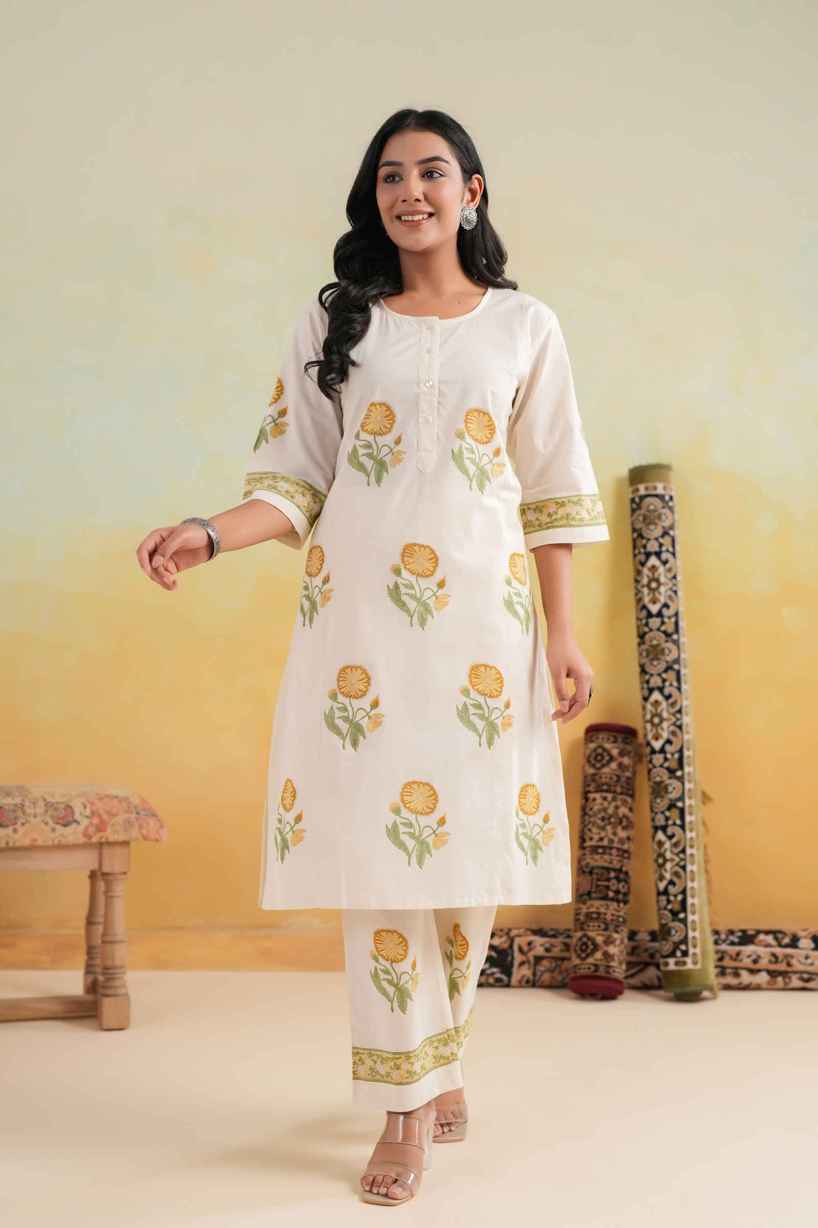 Qasr Mahjabeen Sunbloom Ivory Kurta and Pant Set