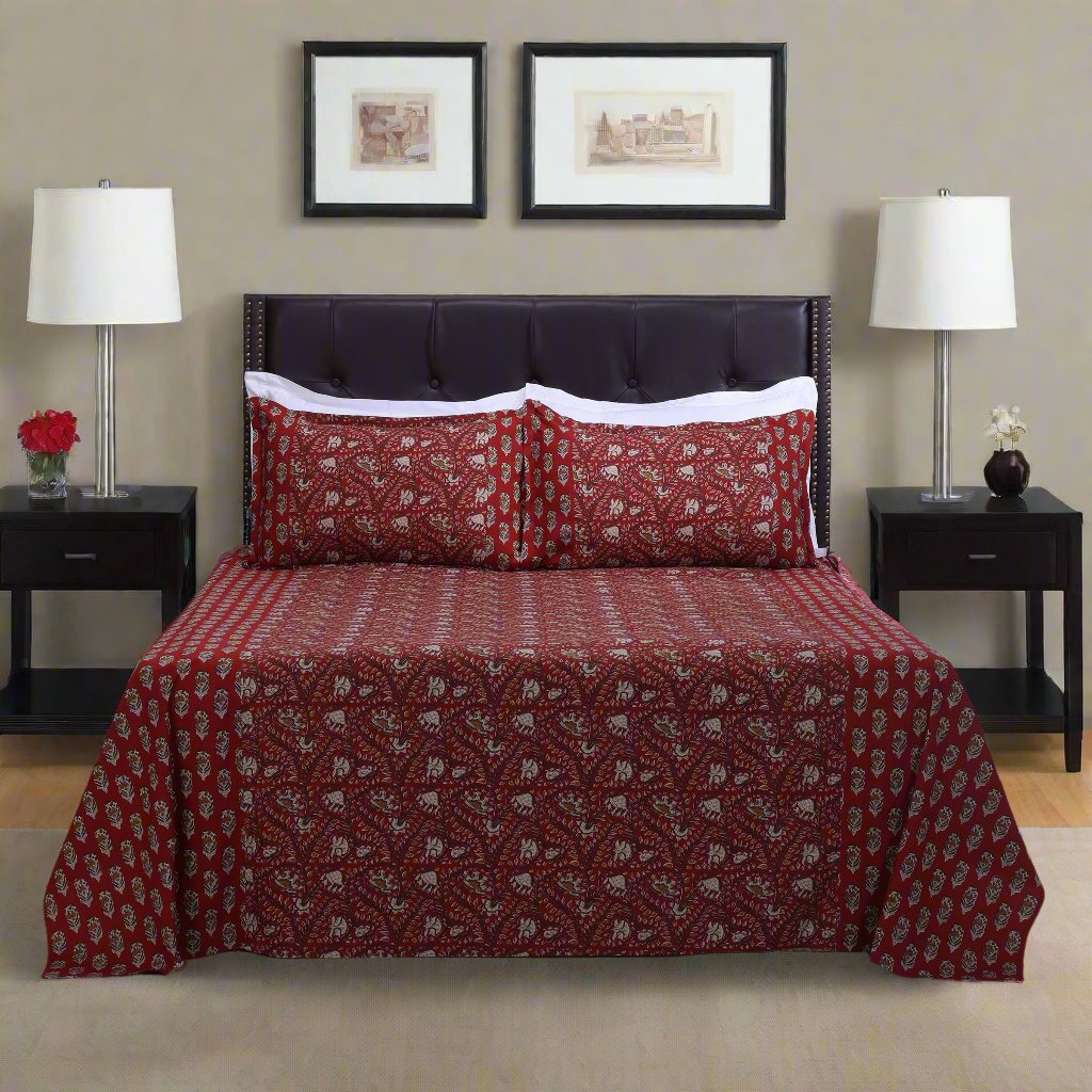 Rahat Azmina Jaal Red Cotton Bedsheet - shahenazindia