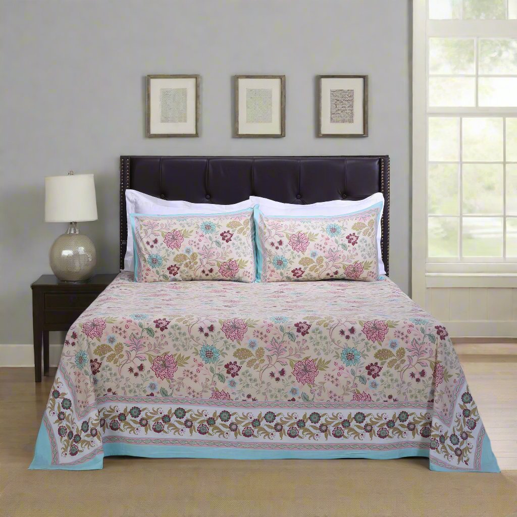 Rama Florence Turquoise Cotton Bedsheet - shahenazindia