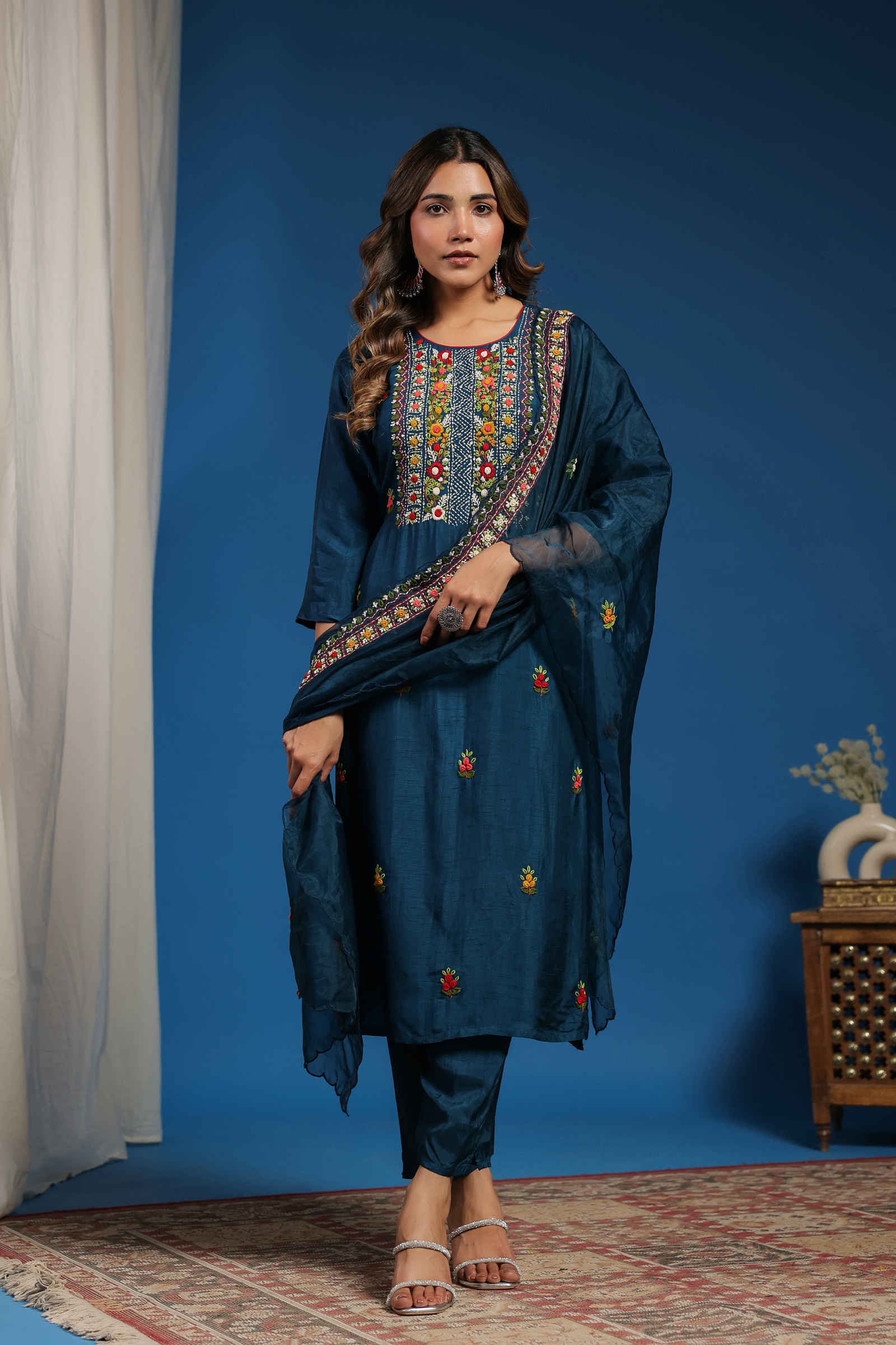 hand block print kurti in deep royal blue