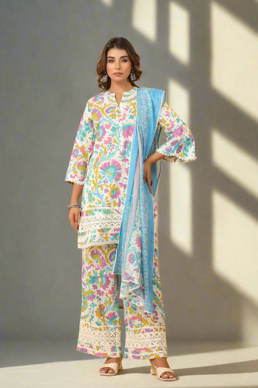 Rooh Rangrez Bloom Blue Kurta Palazzo and Dupatta Set