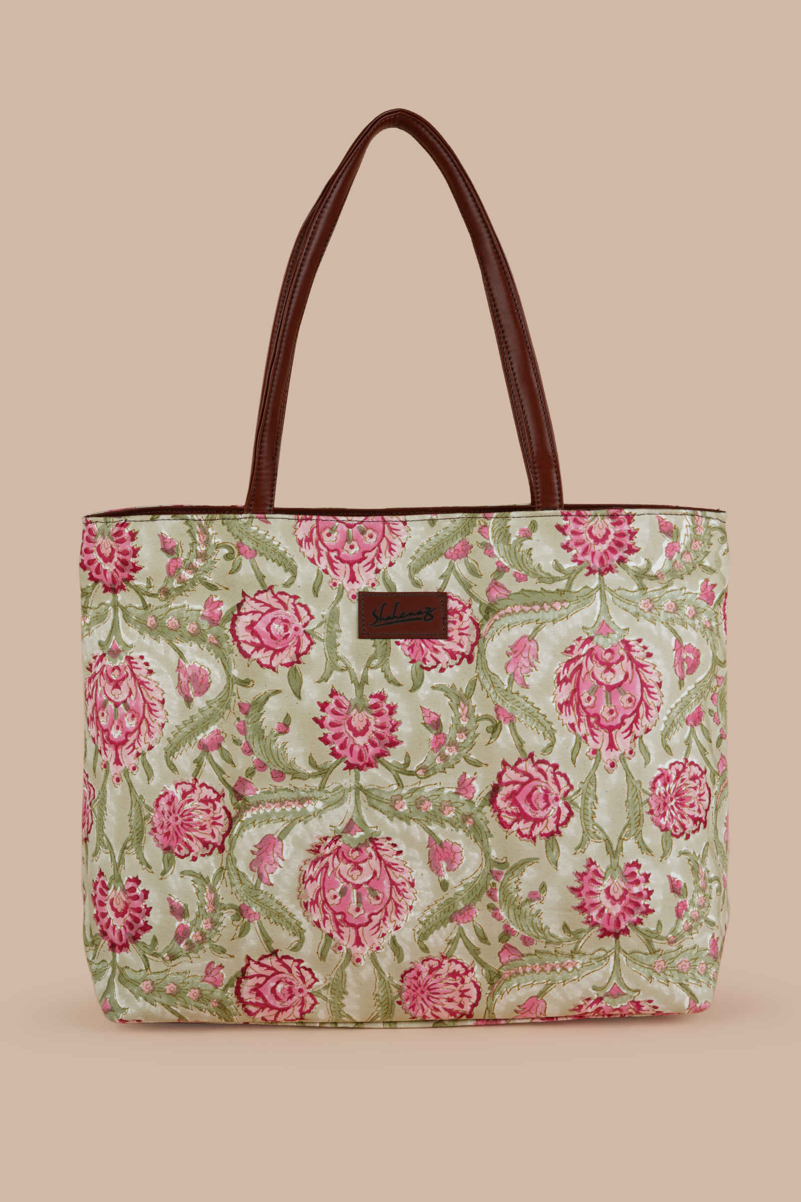 Geneva Garden Hand Block Printed Olive Classic Tote Bag Shahenaz