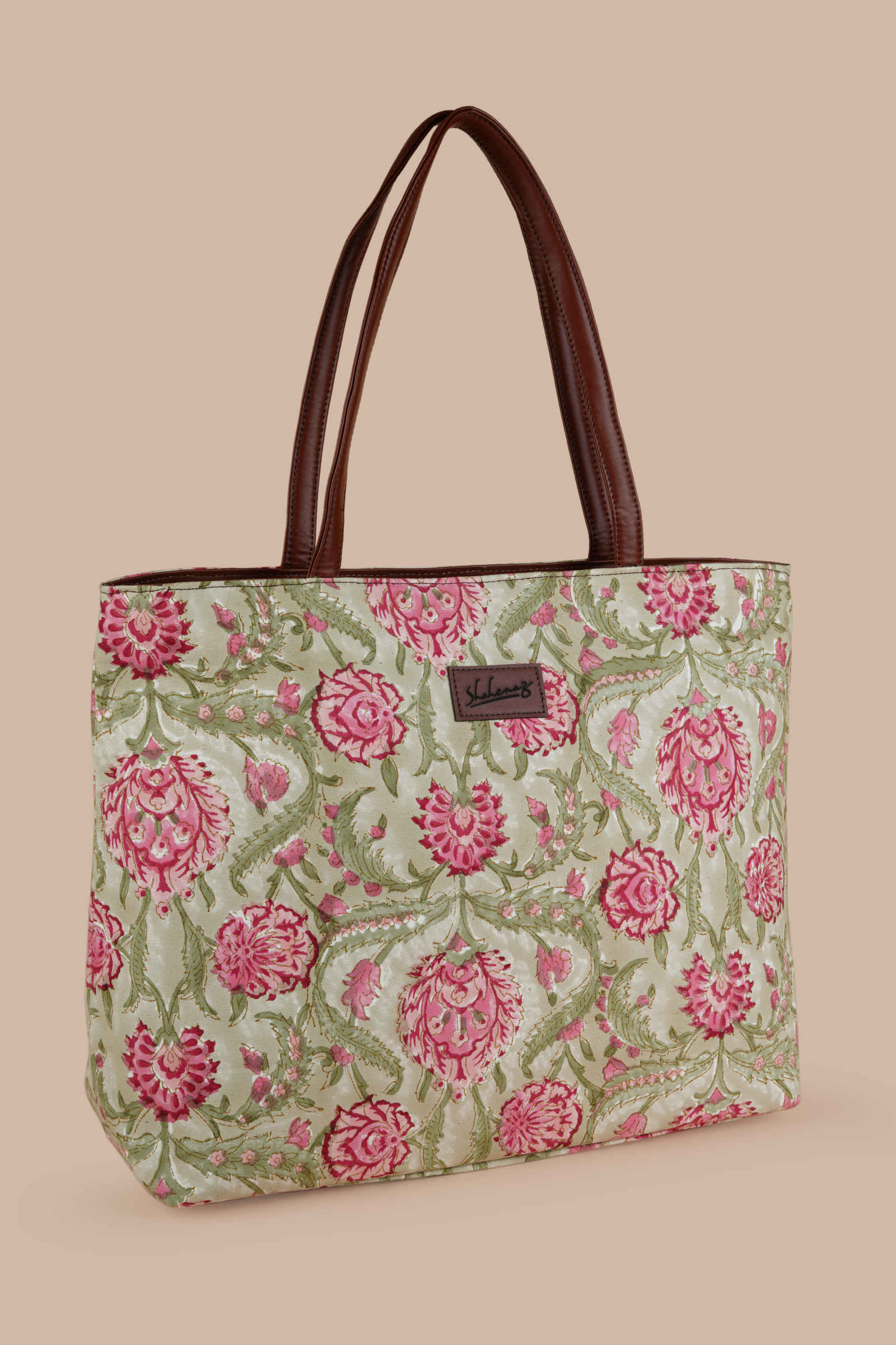 Geneva Garden Hand Block Printed Olive Classic Tote Bag Shahenaz