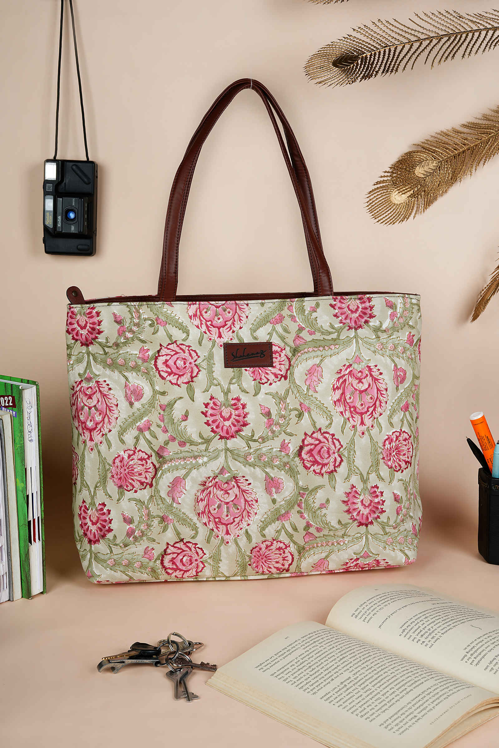 Geneva Garden Hand Block Printed Olive Classic Tote Bag Shahenaz