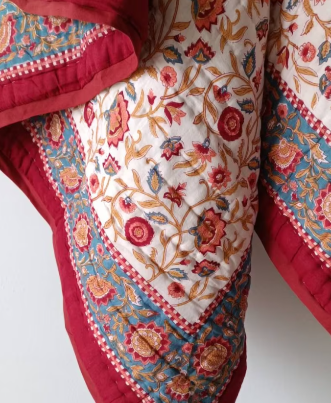 Vrindavan Blooming Blue Cotton Muslin Quilt D2