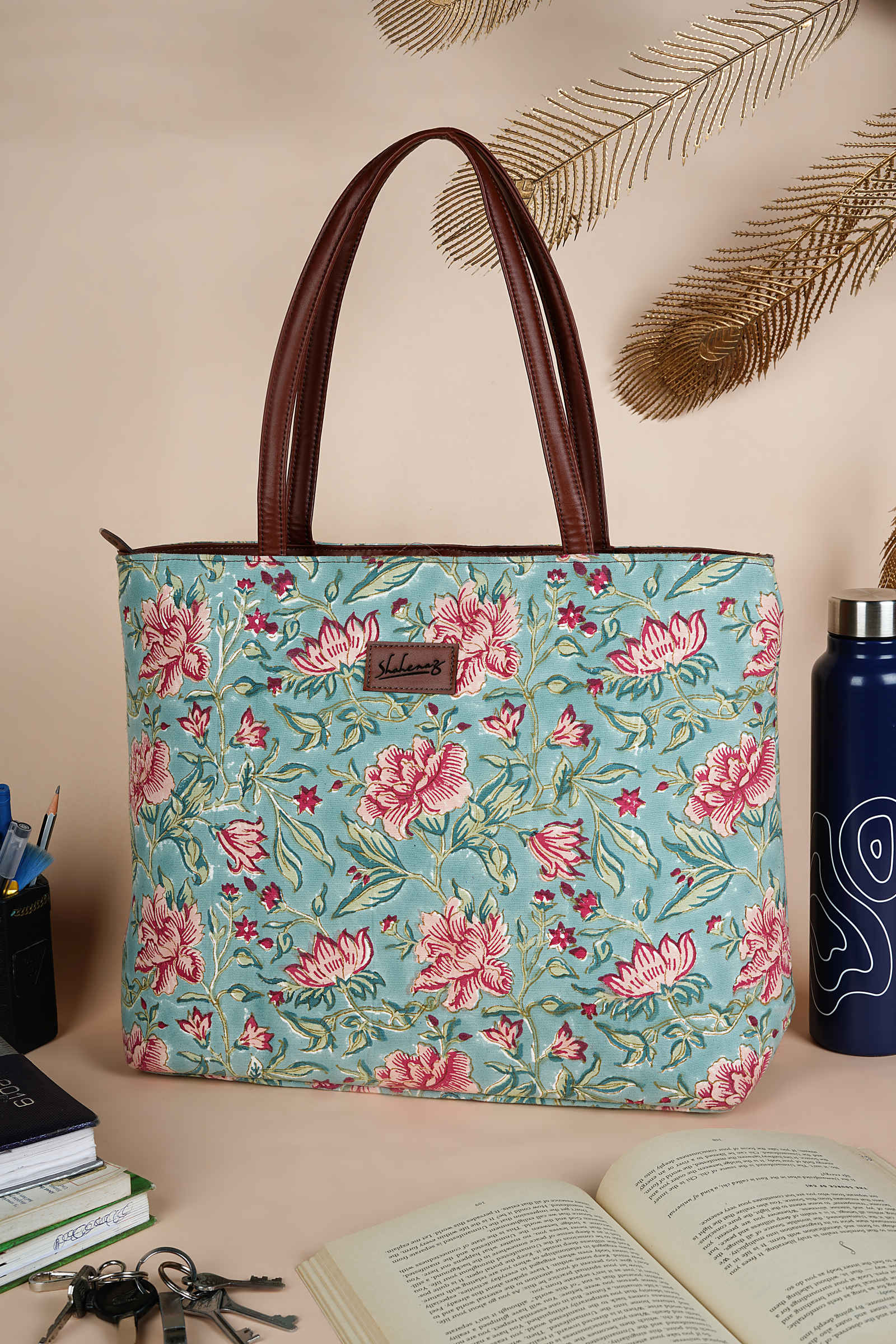 Summer Sorbet Hand Block Printed Aqua Classic Tote Bag Shahenaz