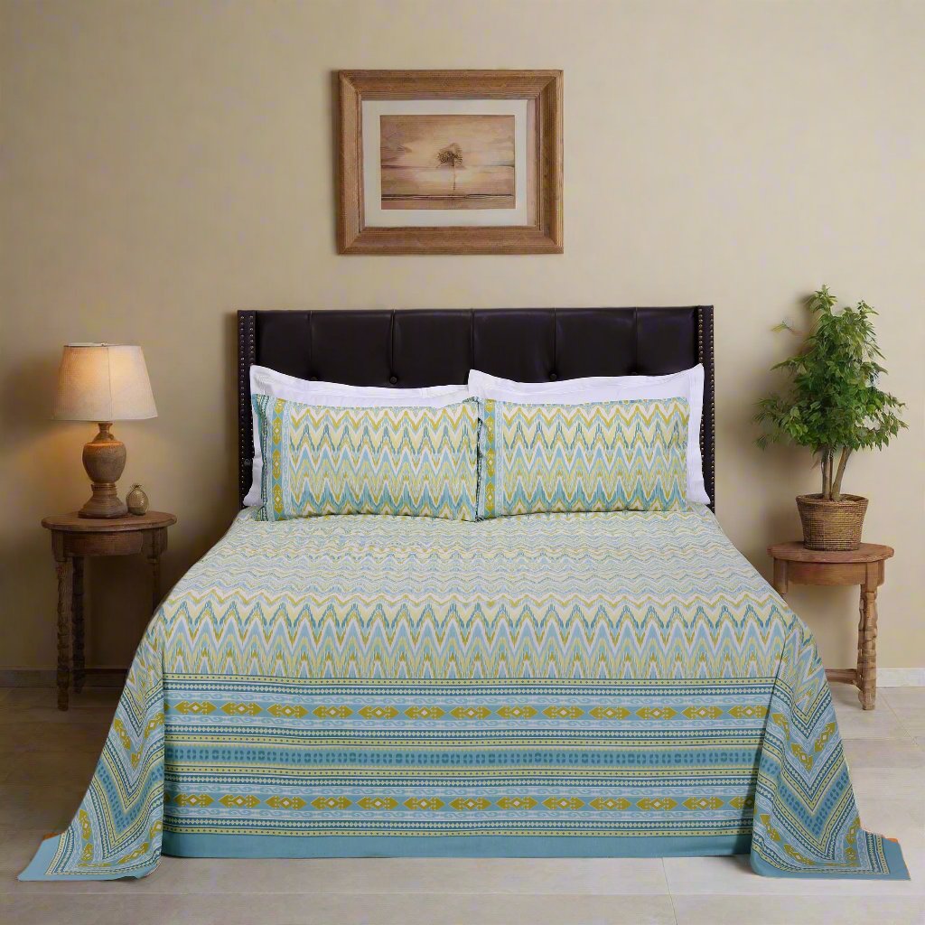 Suhana Ikkat Medley Green Cotton Bedsheet - shahenazindia