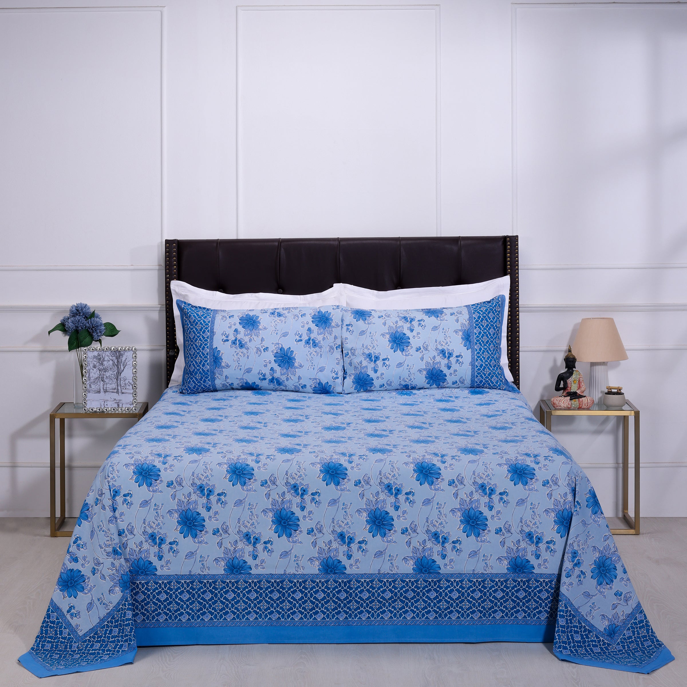 Suhana Lily Dreams Blue Cotton Bedsheet - shahenazindia