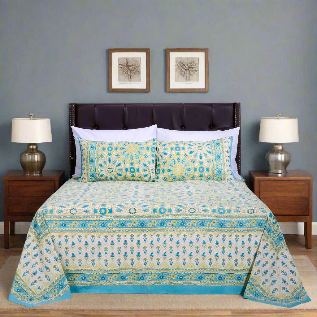 Summer Blossom Turquoise Cotton Bedsheet