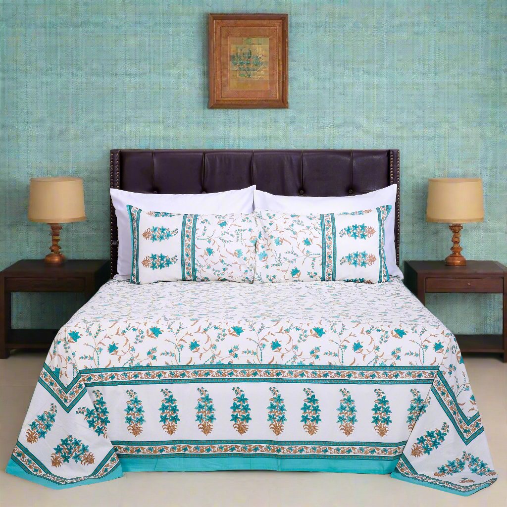 Summer Daisy Turquoise Cotton Bedsheet