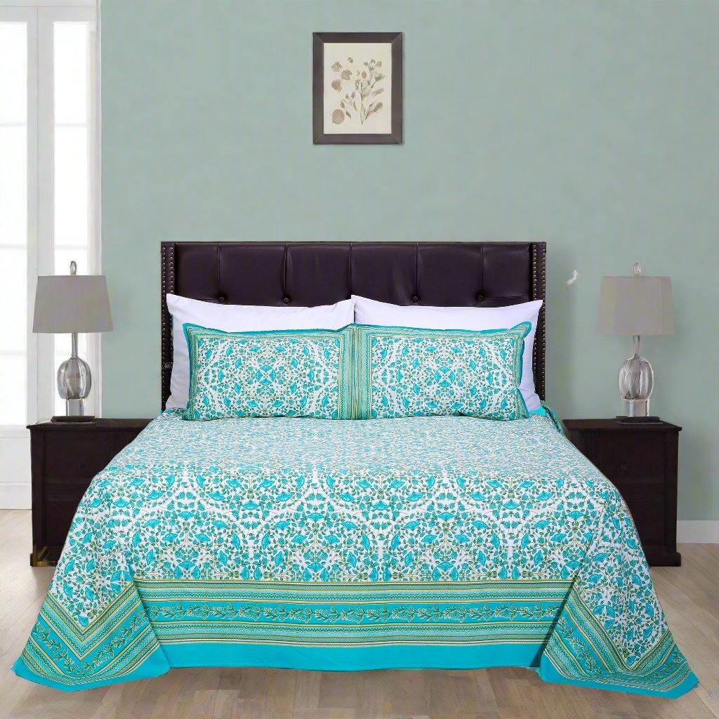 Tulip Jaal Turquoise Cotton Bedsheet