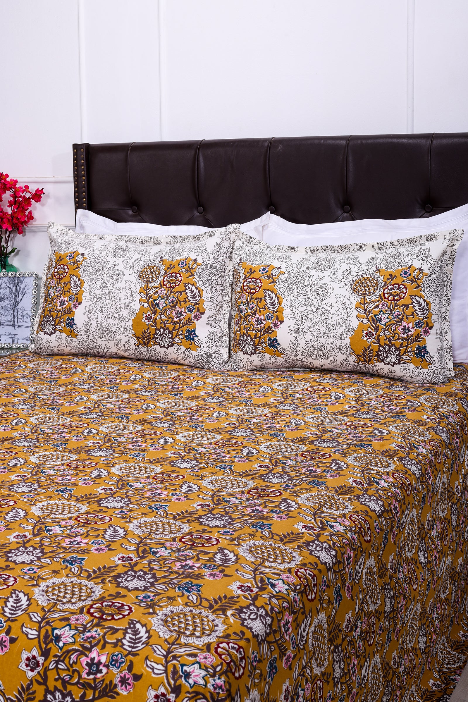 Zara Flower Jaal Mustard Cotton Bedsheet - shahenazindia