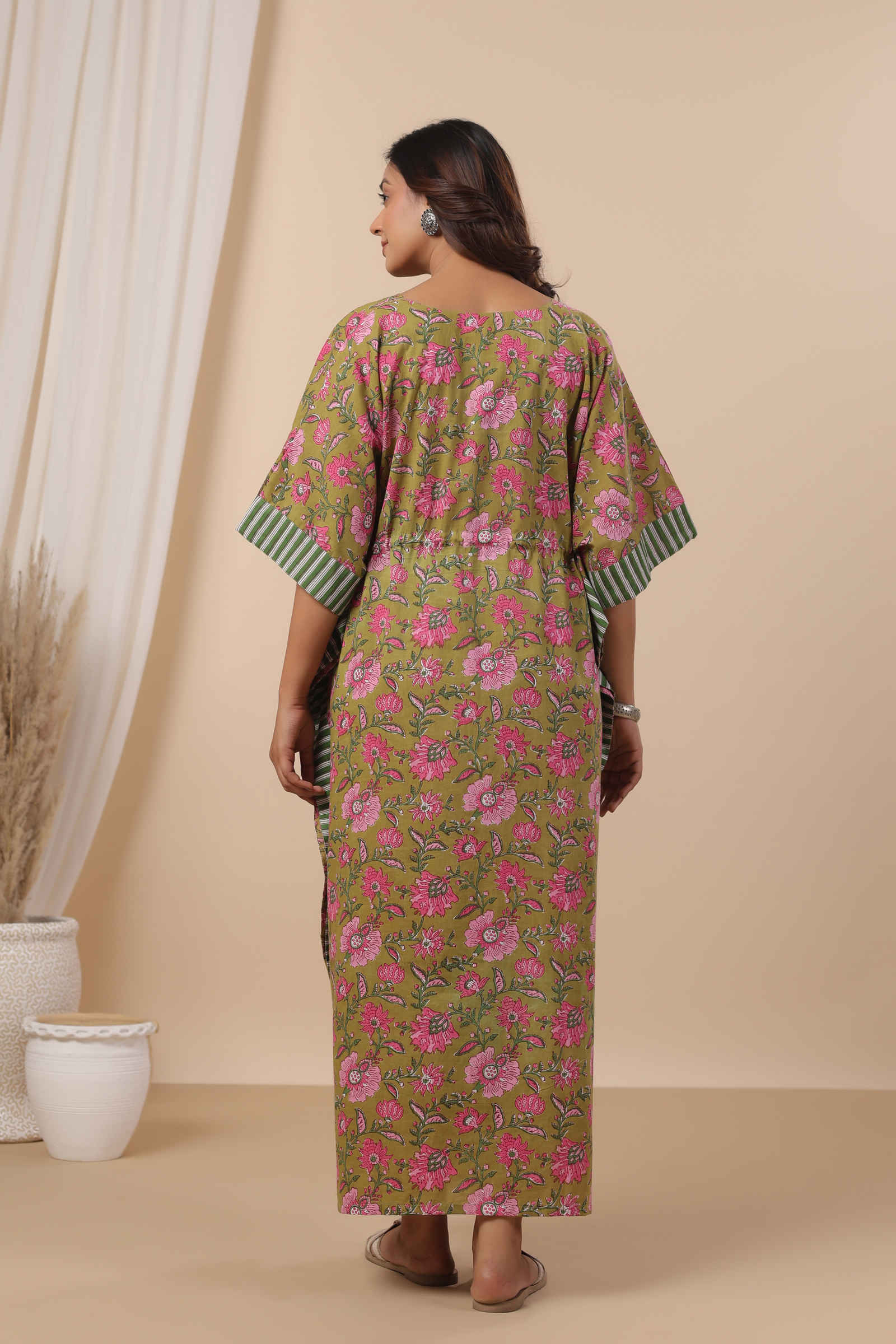Fayra Gulbahar Olive Green Floral Cotton Kaftan