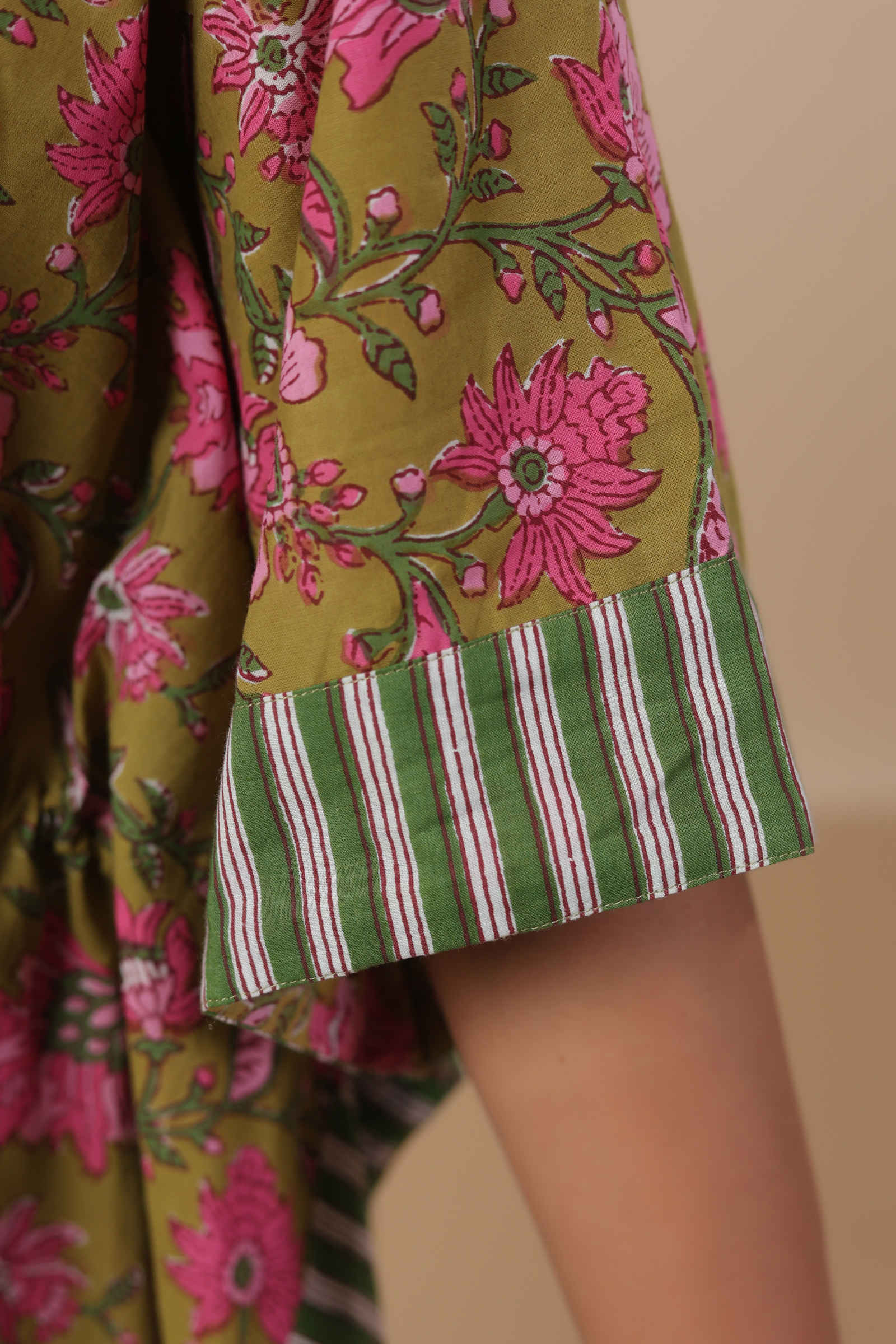 Fayra Gulbahar Olive Green Floral Cotton Kaftan